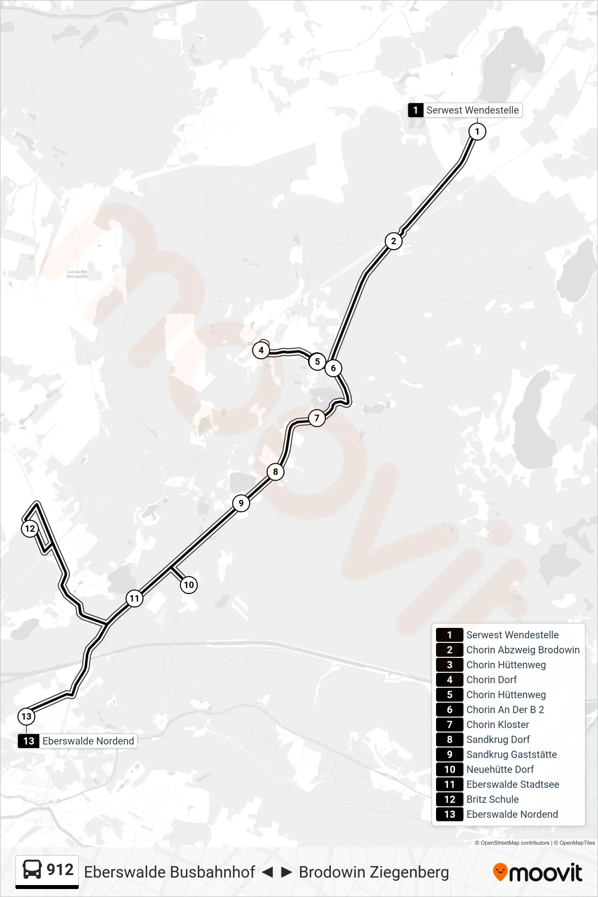 Linie 912 (Bus) Richtung Eberswalde Nordend: Route und Haltestellen auf der Karte