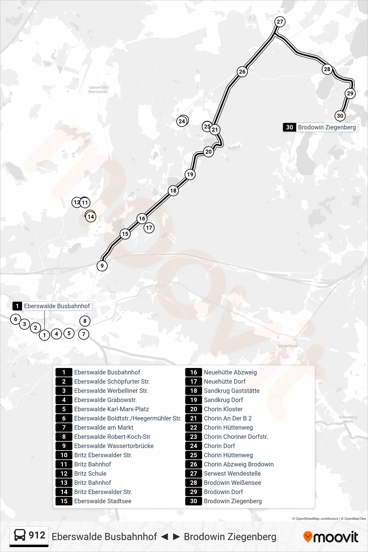 Linie 912 (Bus) Richtung Brodowin Ziegenberg: Route und Haltestellen auf der Karte