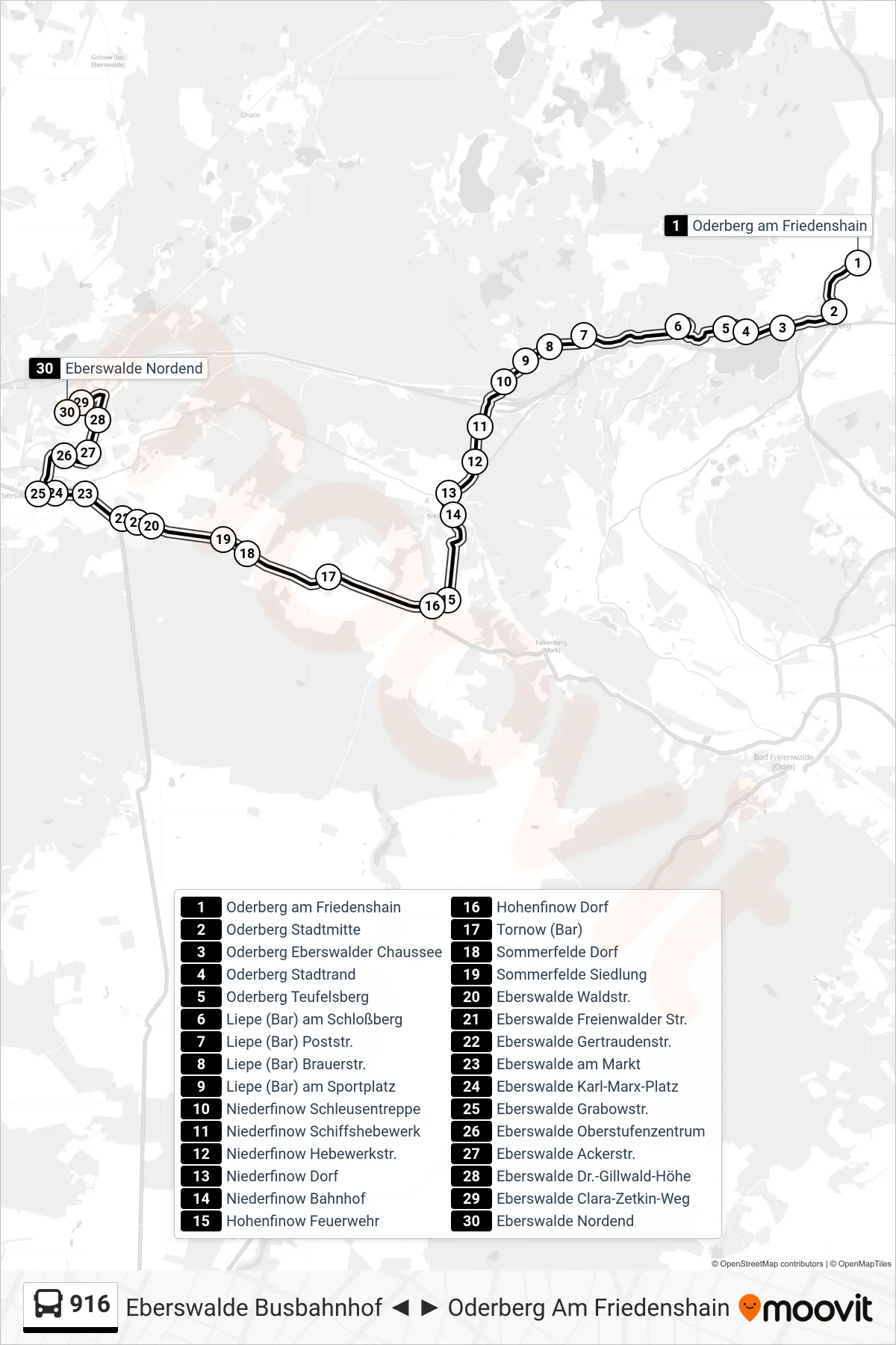 Linie 916 (Bus) Richtung Eberswalde Nordend: Route und Haltestellen auf der Karte