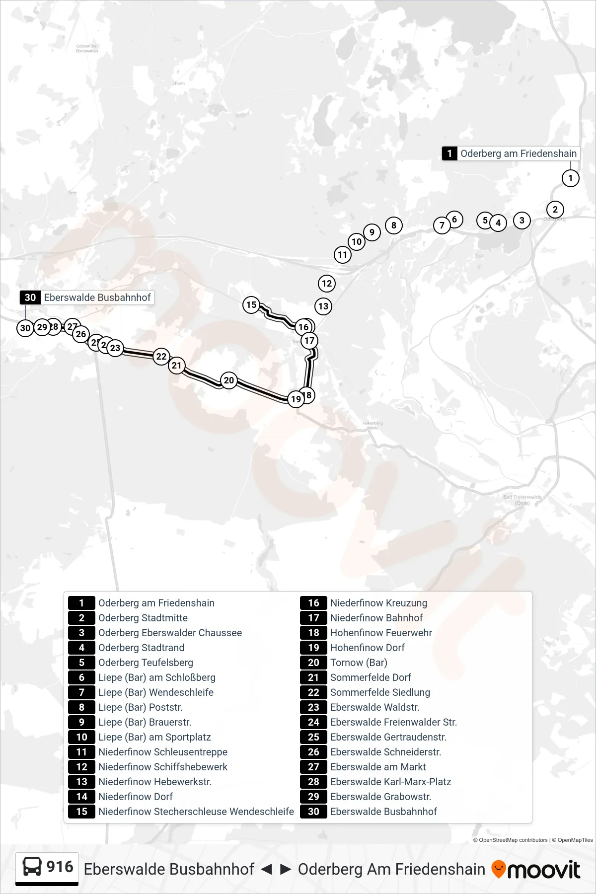916 bus Line (Eberswalde Busbahnhof) route and stops on a map