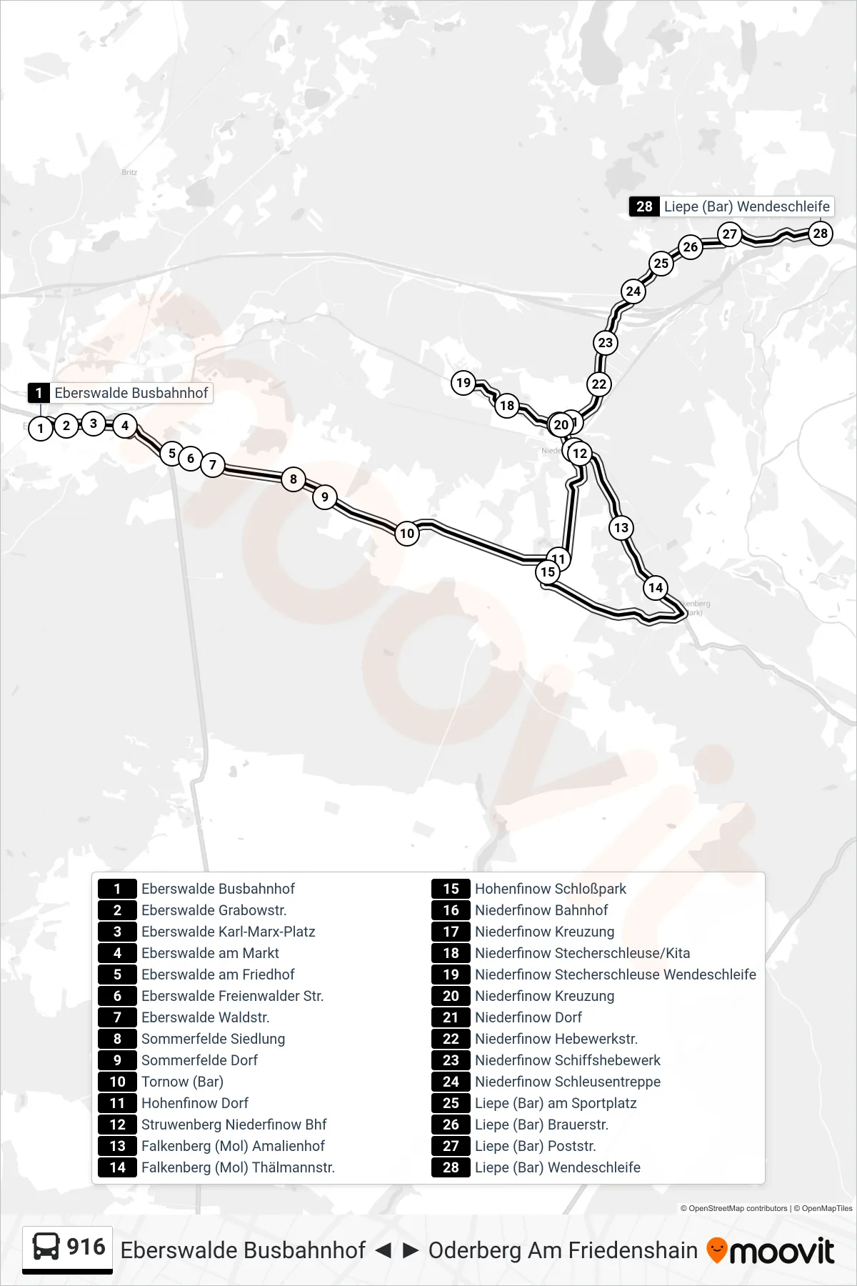 916 bus Line (Liepe (Bar) Wendeschleife) route and stops on a map