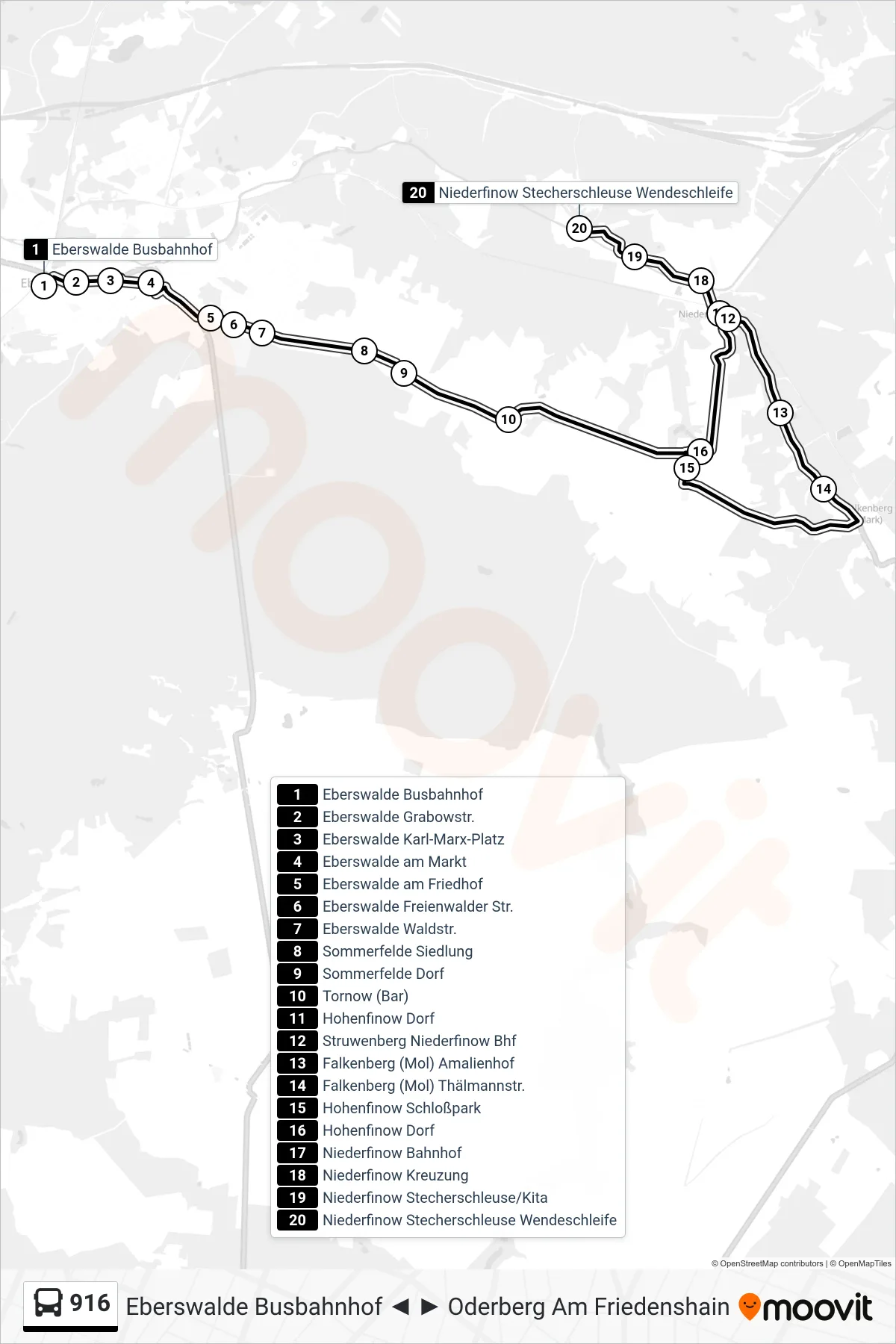 Linie 916 (Bus) Richtung Niederfinow Stecherschleuse Wendeschleife: Route und Haltestellen auf der Karte