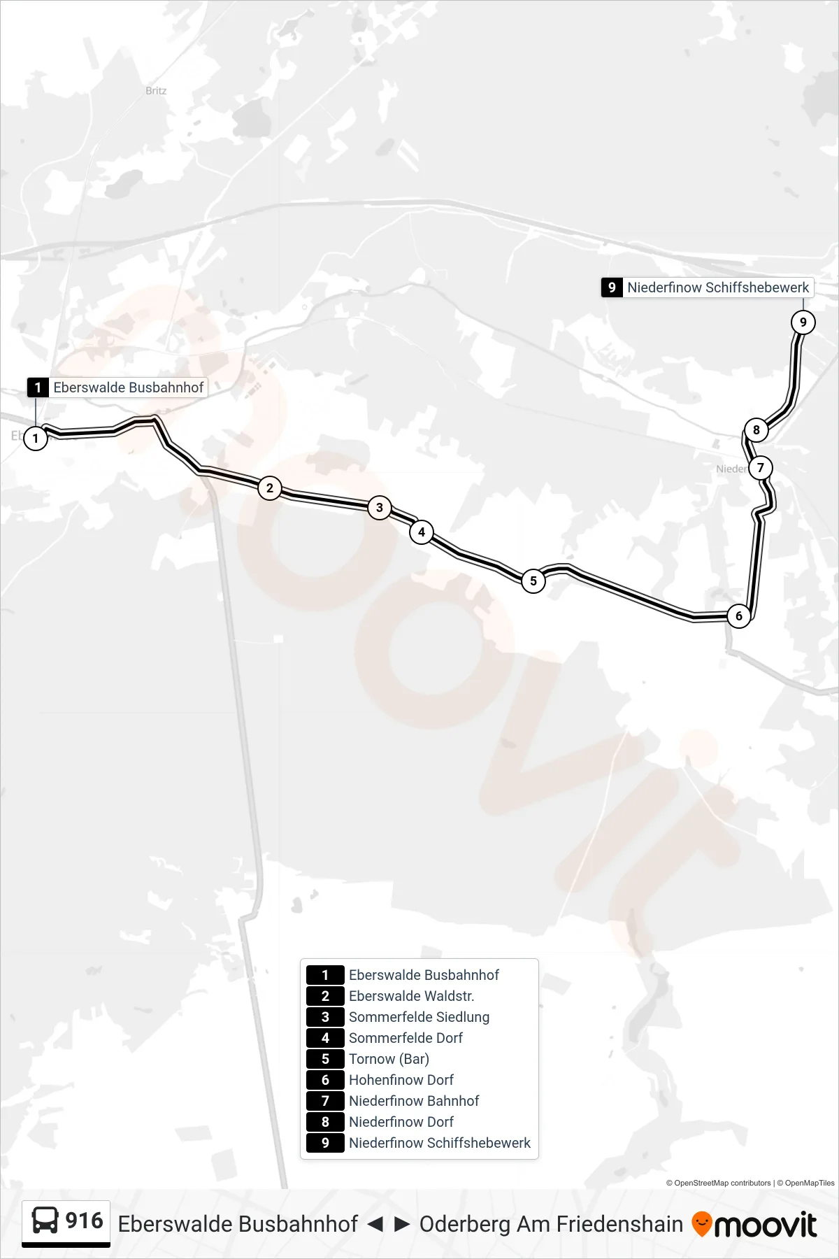 916 bus Line (Niederfinow Schiffshebewerk) route and stops on a map