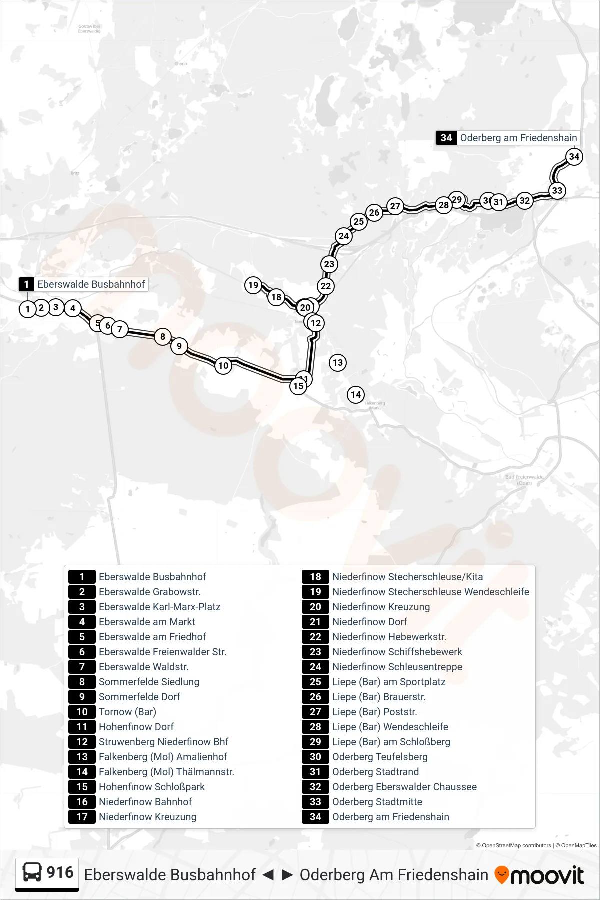 916 bus Line (Oderberg am Friedenshain) route and stops on a map