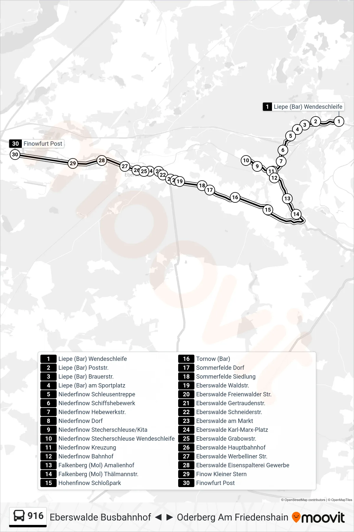 Linie 916 (Bus) Richtung Finowfurt Post: Route und Haltestellen auf der Karte