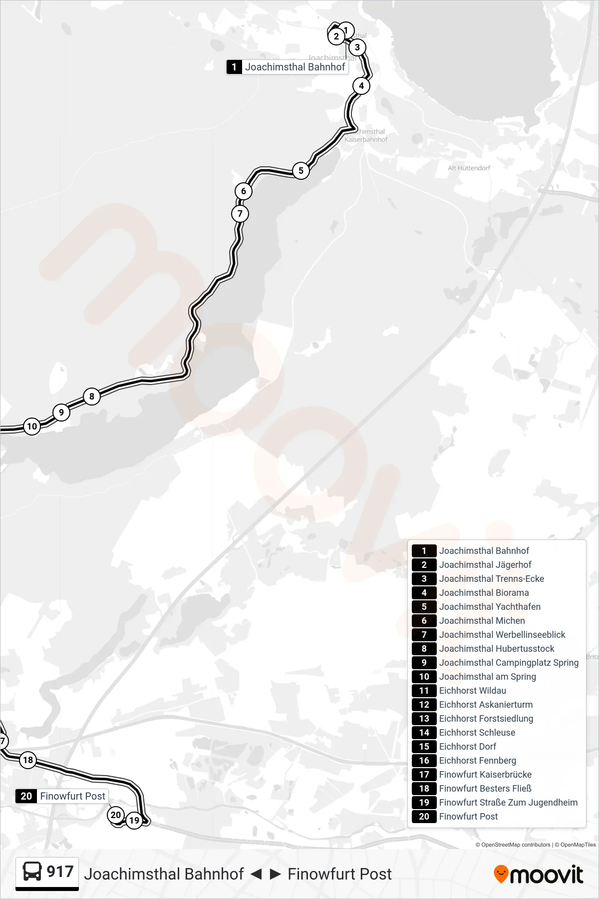 Linie 917 (Bus) Richtung Finowfurt Post: Route und Haltestellen auf der Karte