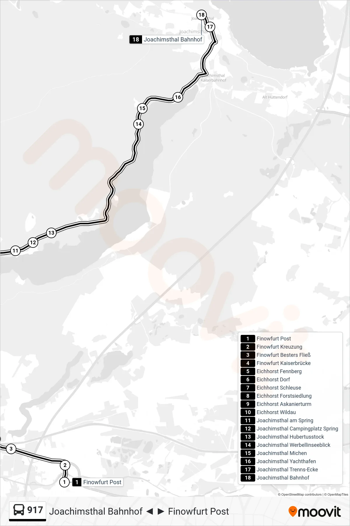 Linie 917 (Bus) Richtung Joachimsthal Bahnhof: Route und Haltestellen auf der Karte