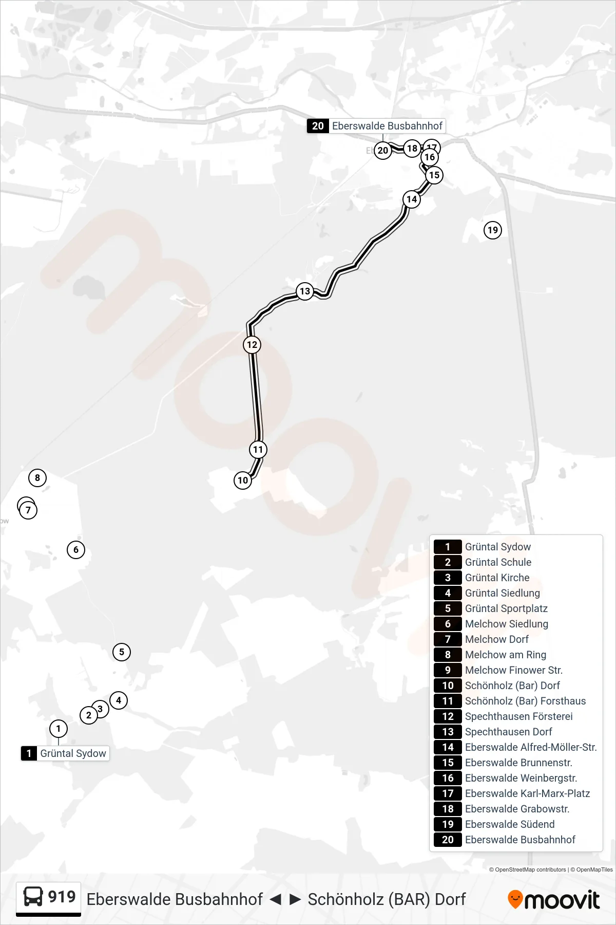 Linie 919 (Bus) Richtung Eberswalde Busbahnhof: Route und Haltestellen auf der Karte