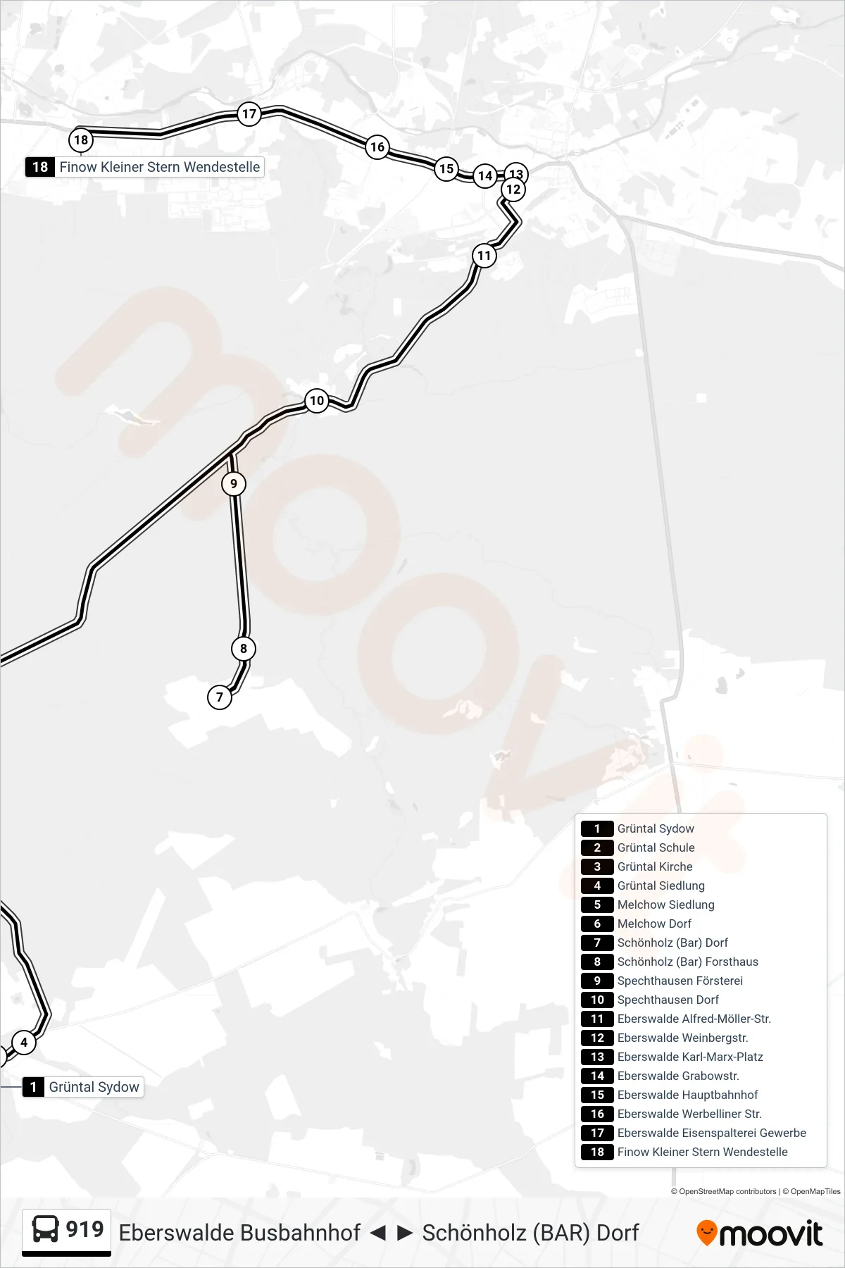 919 bus Line (Finow Kleiner Stern Wendestelle) route and stops on a map