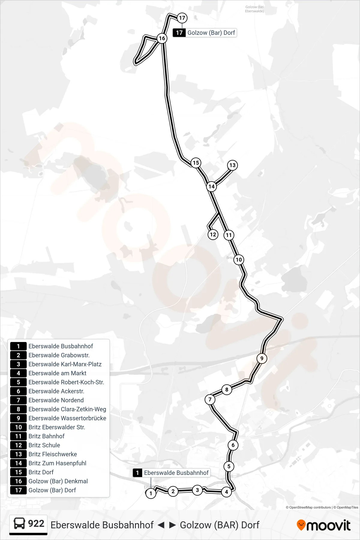 Linie 922 (Bus) Richtung Golzow (Bar) Dorf: Route und Haltestellen auf der Karte