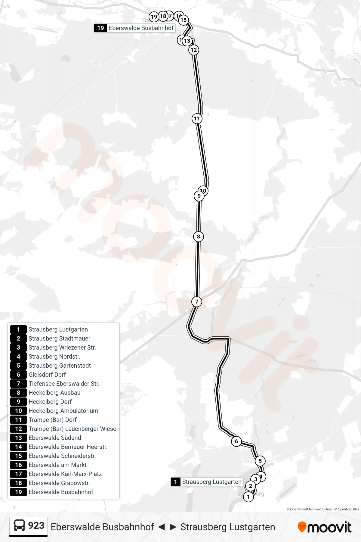 Linie 923 (Bus) Richtung Eberswalde Busbahnhof: Route und Haltestellen auf der Karte
