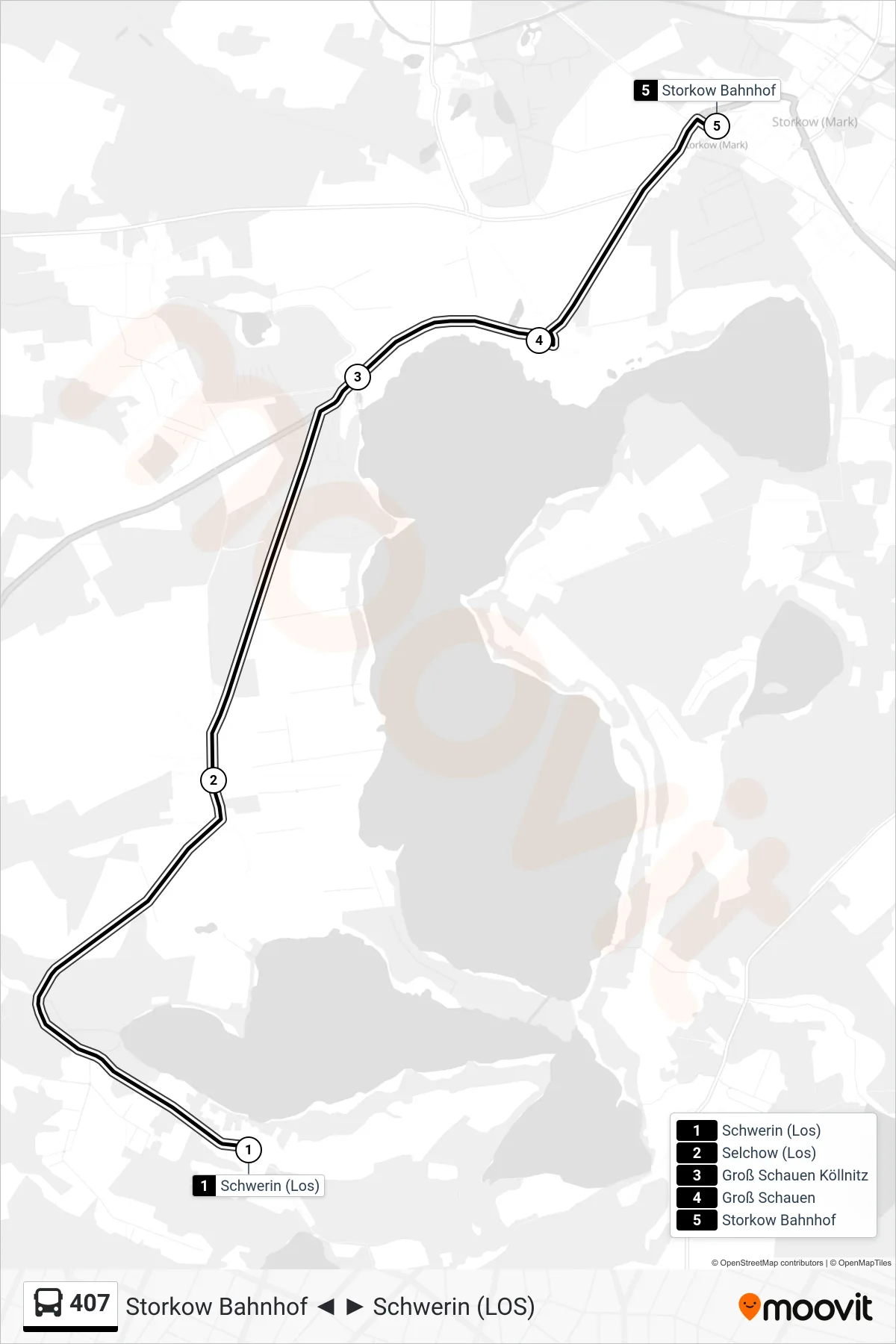 407 bus Line (Storkow Bahnhof) route and stops on a map