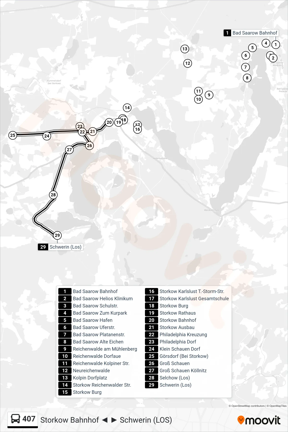 Linie 407 (Bus) Richtung Schwerin (Los): Route und Haltestellen auf der Karte