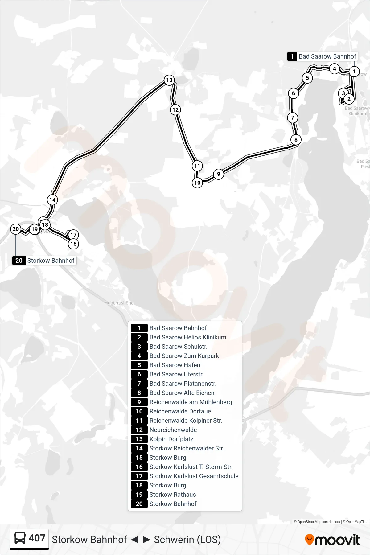 Linie 407 (Bus) Richtung Storkow Bahnhof: Route und Haltestellen auf der Karte