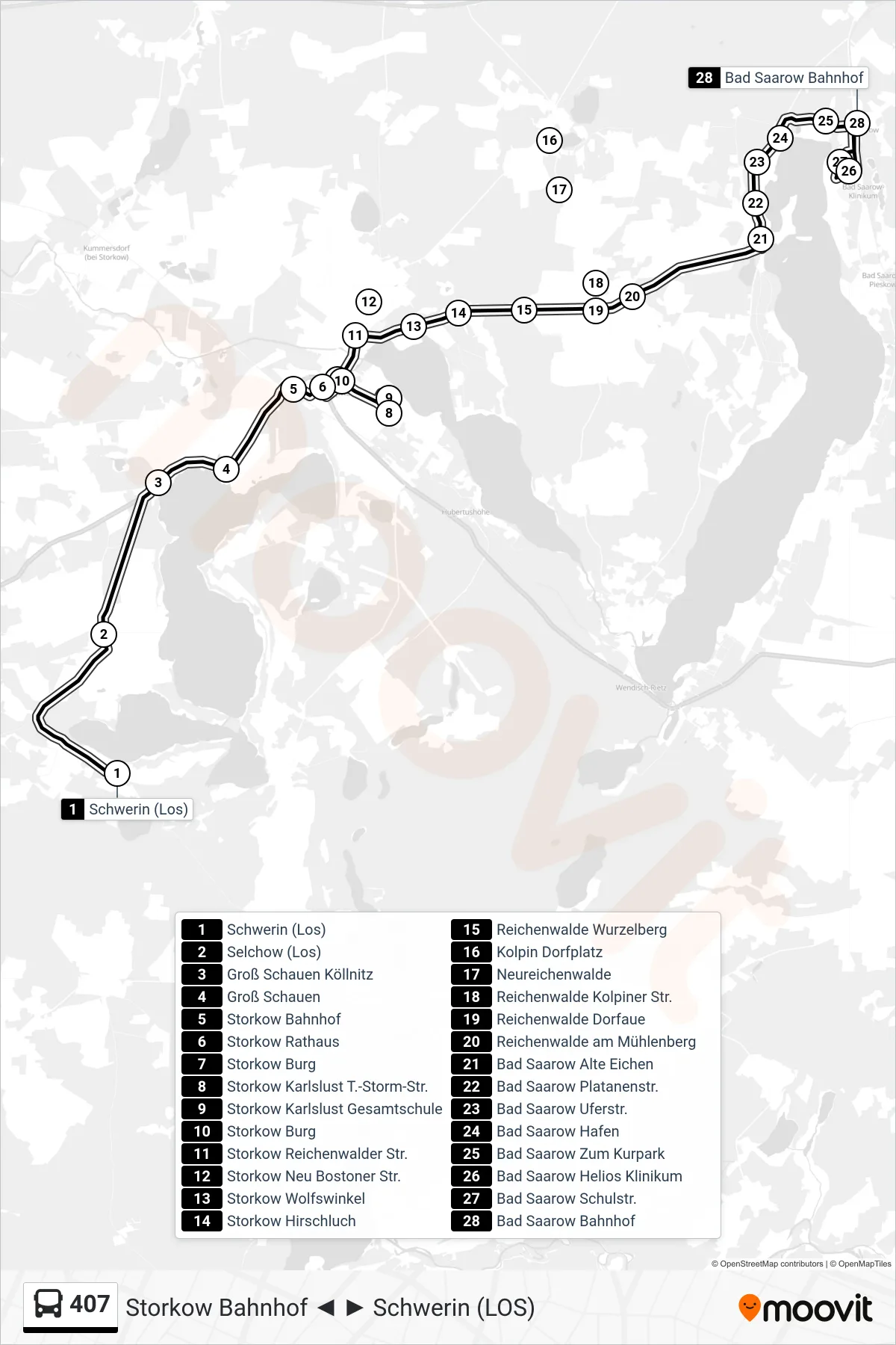 407 bus Line (Bad Saarow Bahnhof) route and stops on a map
