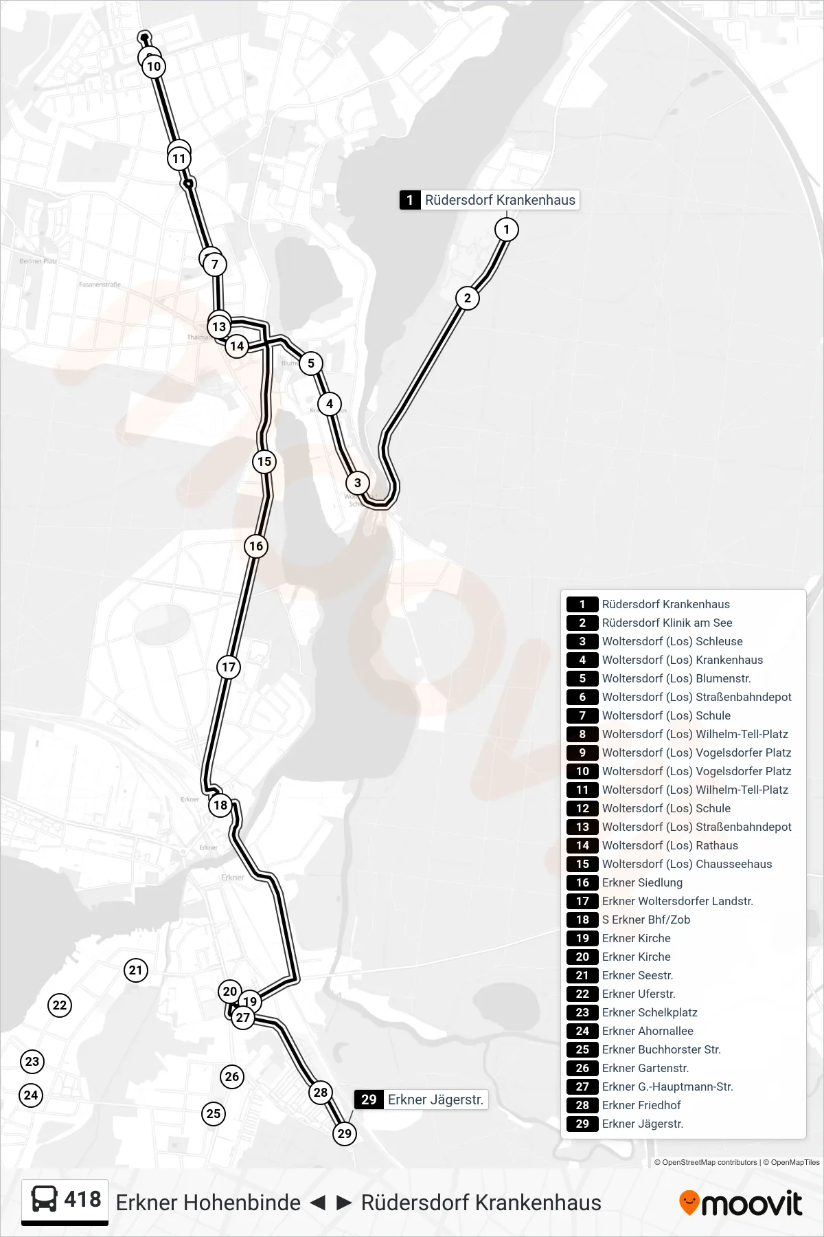 Linie 418 (Bus) Richtung Erkner Jägerstr.: Route und Haltestellen auf der Karte