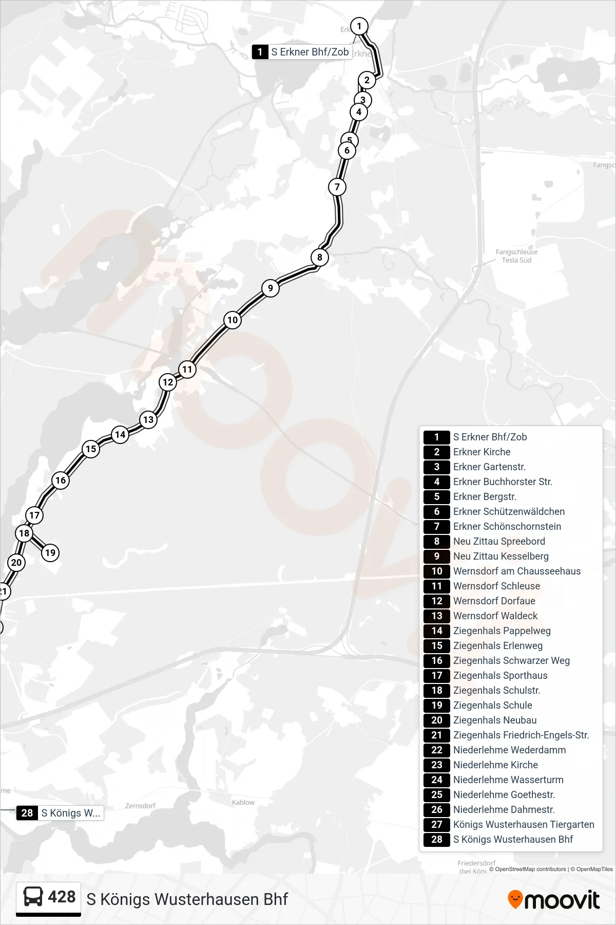 Linie 428 (Bus) Richtung S Königs Wusterhausen Bhf: Route und Haltestellen auf der Karte