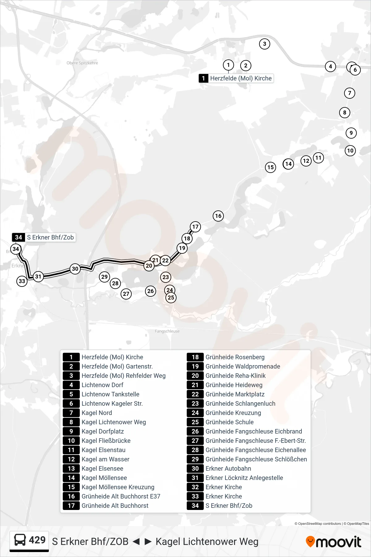 Linie 429 (Bus) Richtung S Erkner Bhf/Zob: Route und Haltestellen auf der Karte