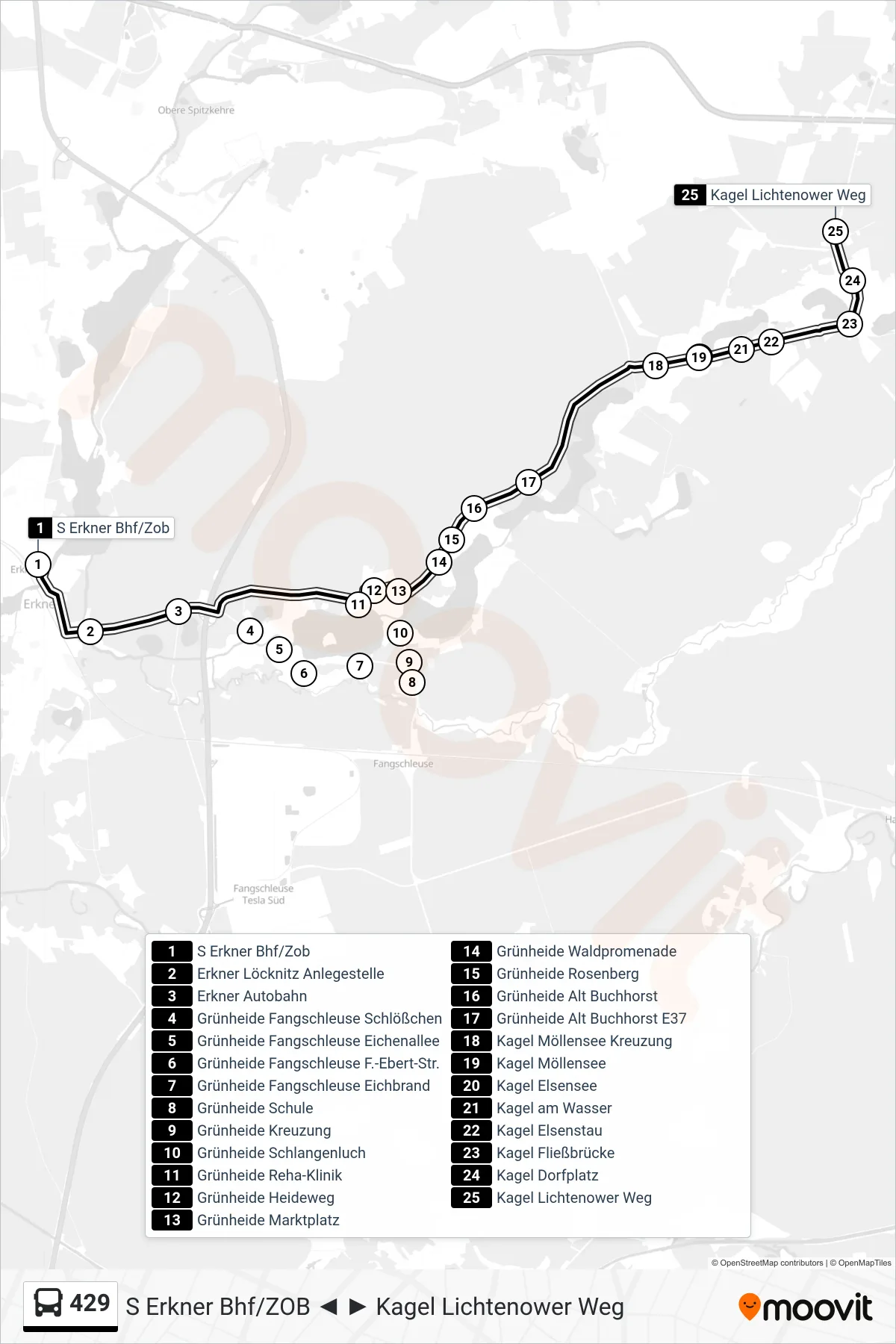 Linie 429 (Bus) Richtung Kagel Lichtenower Weg: Route und Haltestellen auf der Karte
