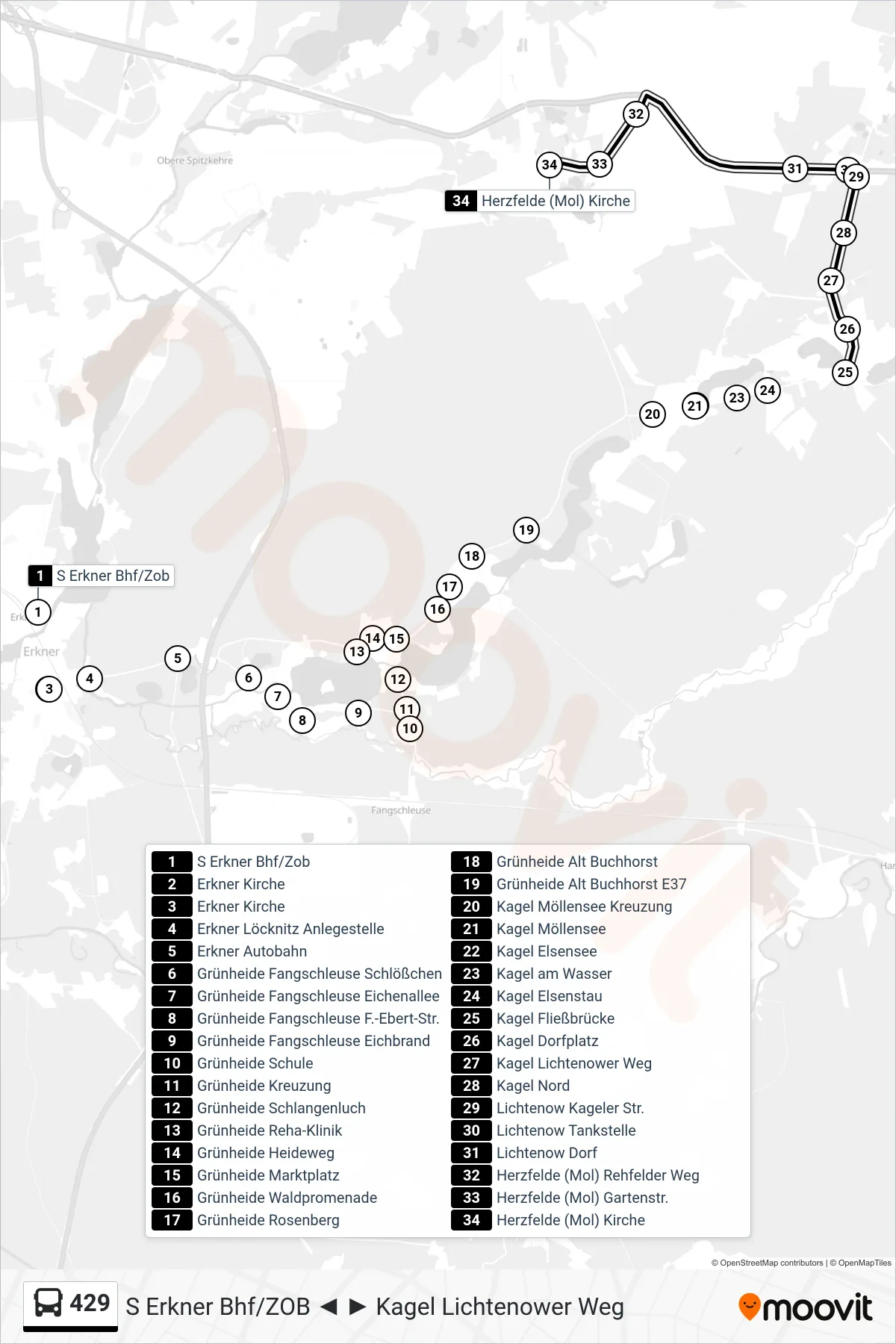 Linie 429 (Bus) Richtung Herzfelde (Mol) Kirche: Route und Haltestellen auf der Karte