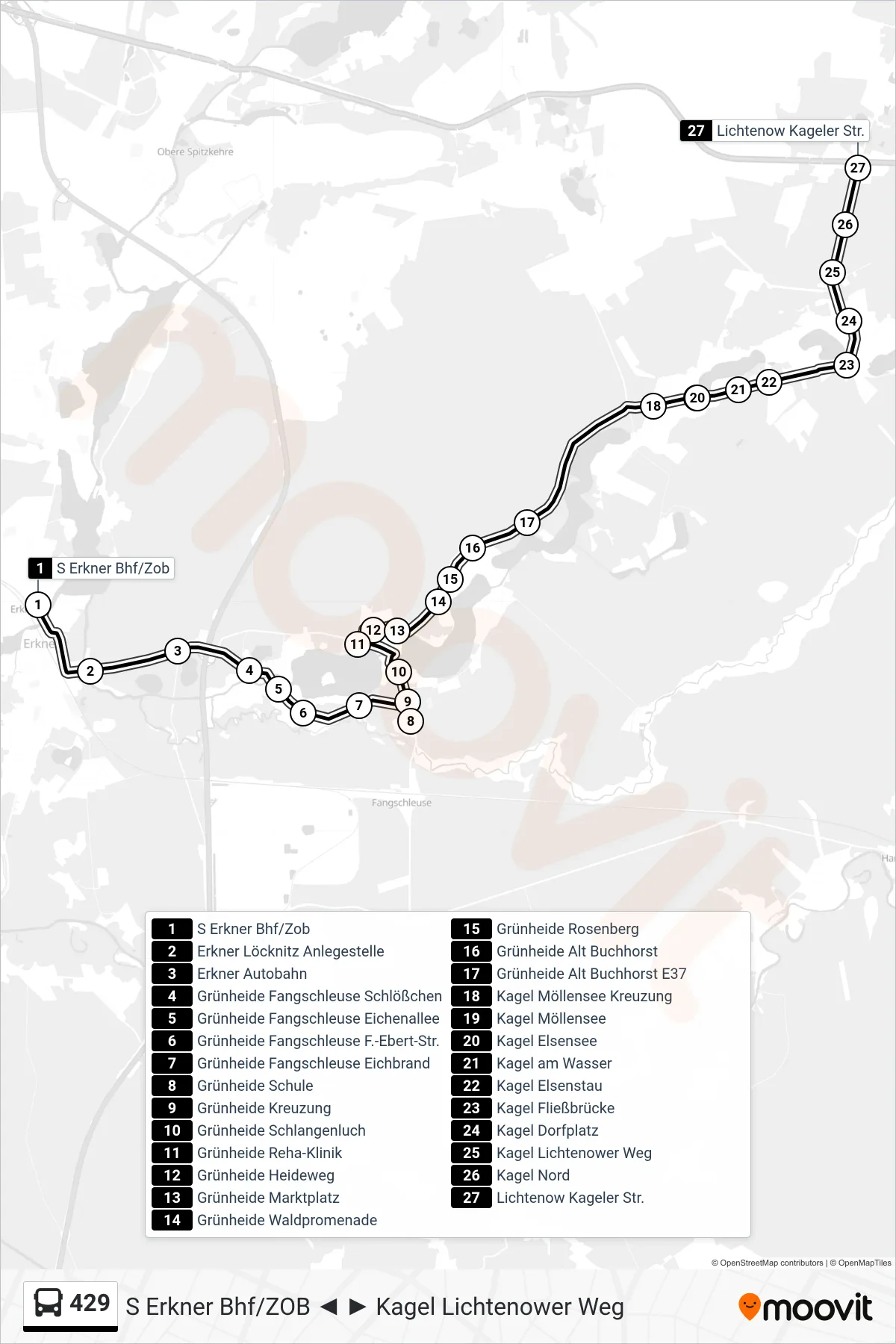 Linie 429 (Bus) Richtung Lichtenow Kageler Str.: Route und Haltestellen auf der Karte