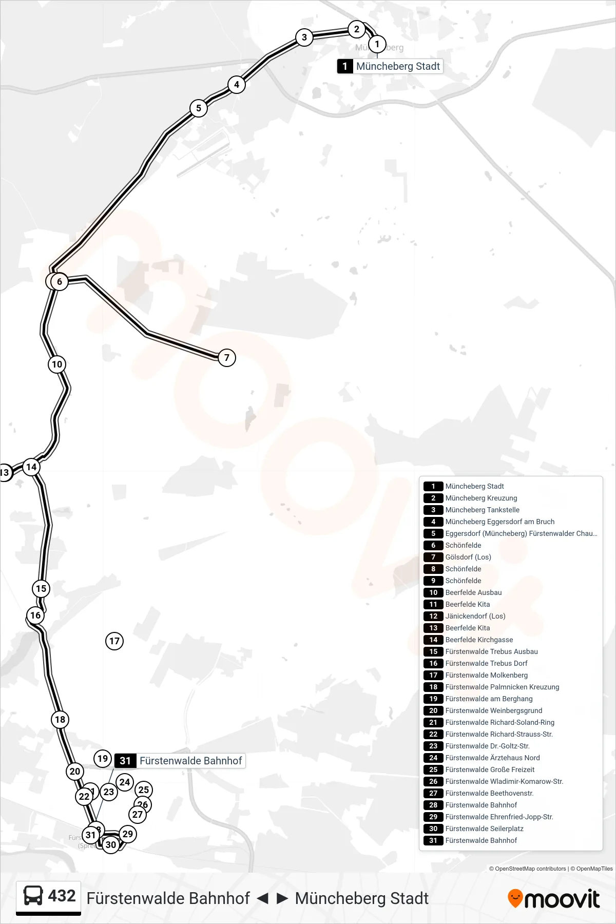 Linie 432 (Bus) Richtung Fürstenwalde Bahnhof: Route und Haltestellen auf der Karte