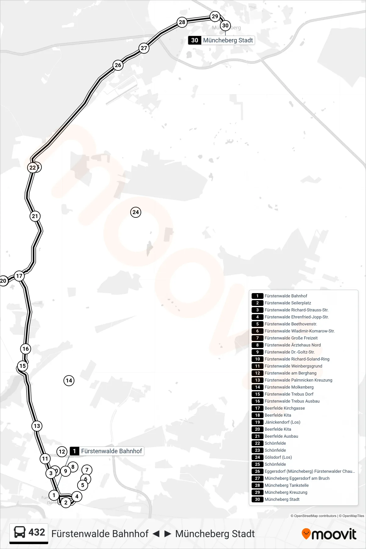 432 bus Line (Müncheberg Stadt) route and stops on a map