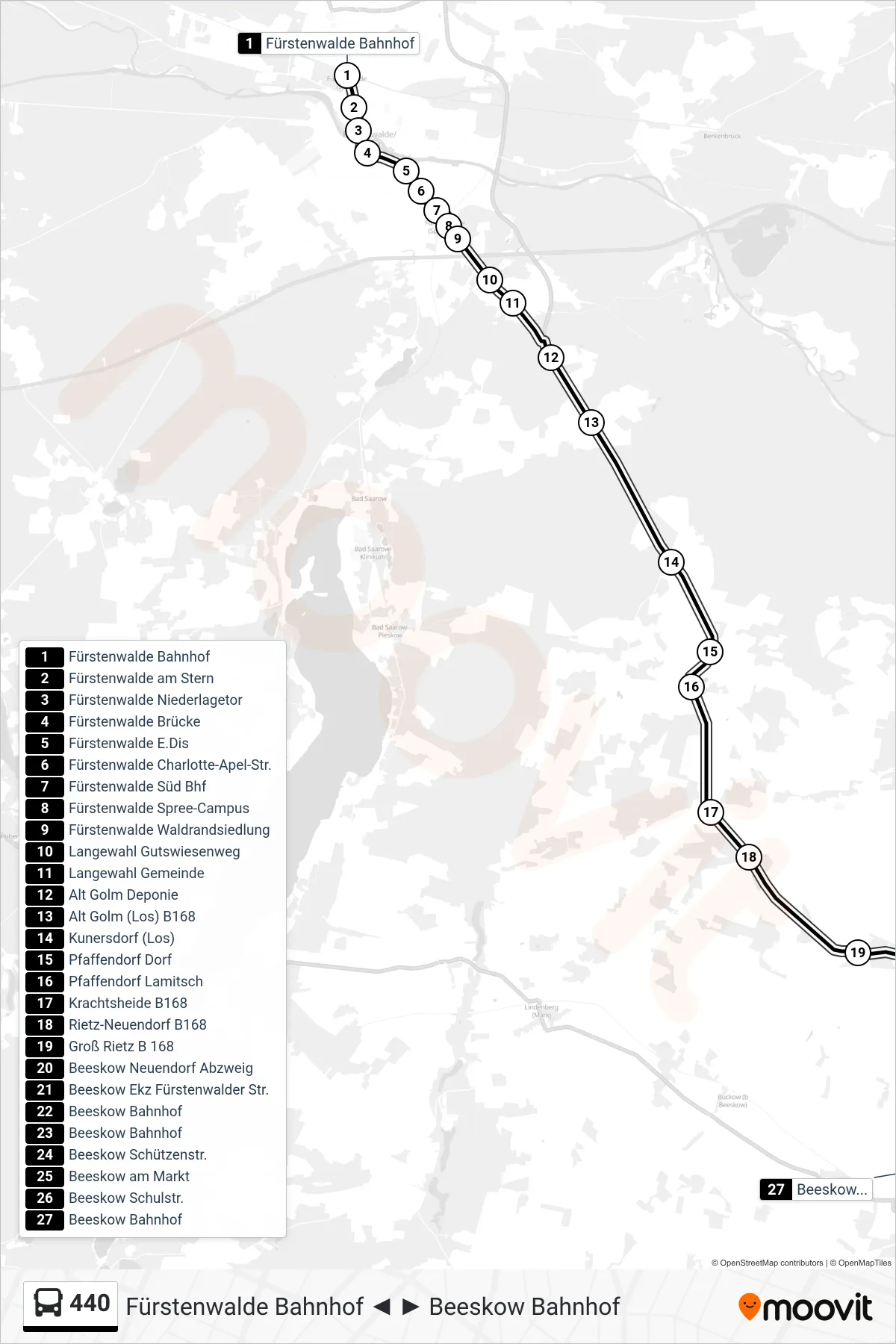 Linie 440 (Bus) Richtung Beeskow Bahnhof: Route und Haltestellen auf der Karte