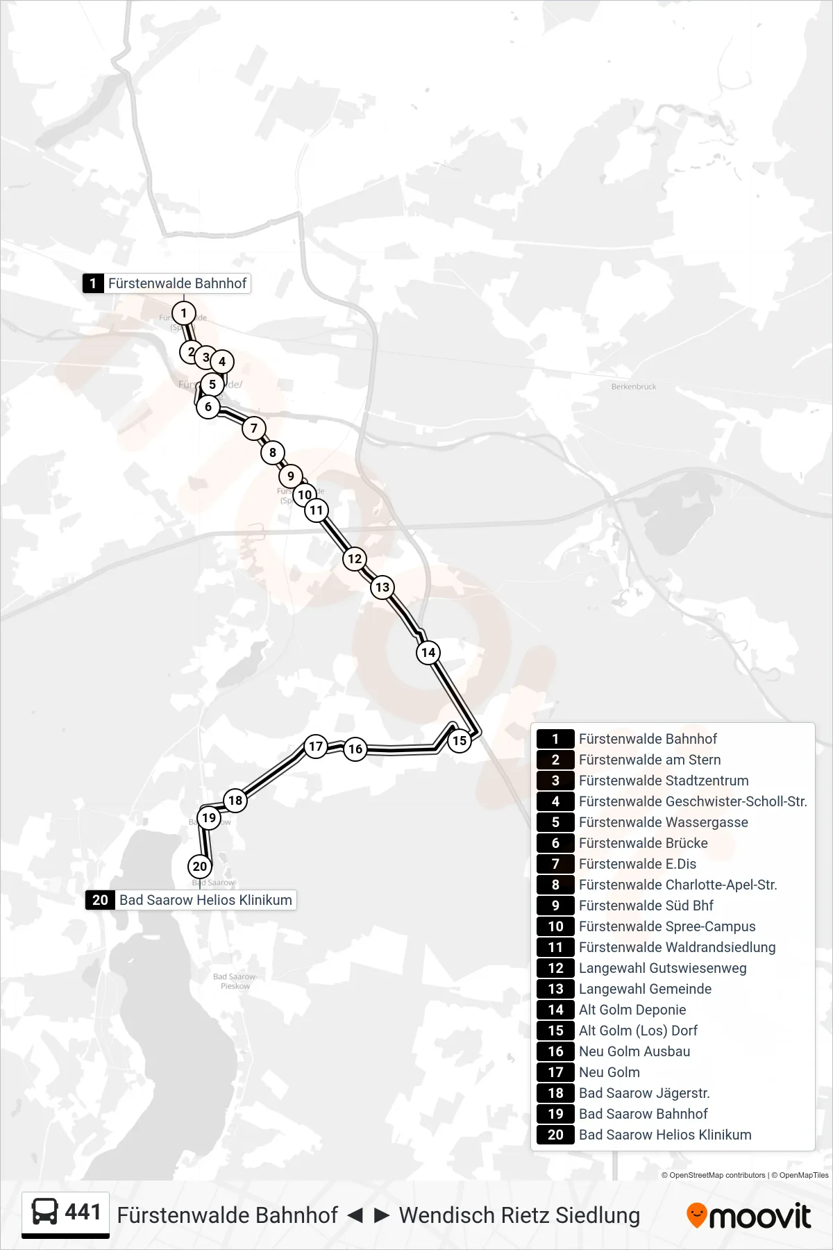 Linie 441 (Bus) Richtung Bad Saarow Helios Klinikum: Route und Haltestellen auf der Karte