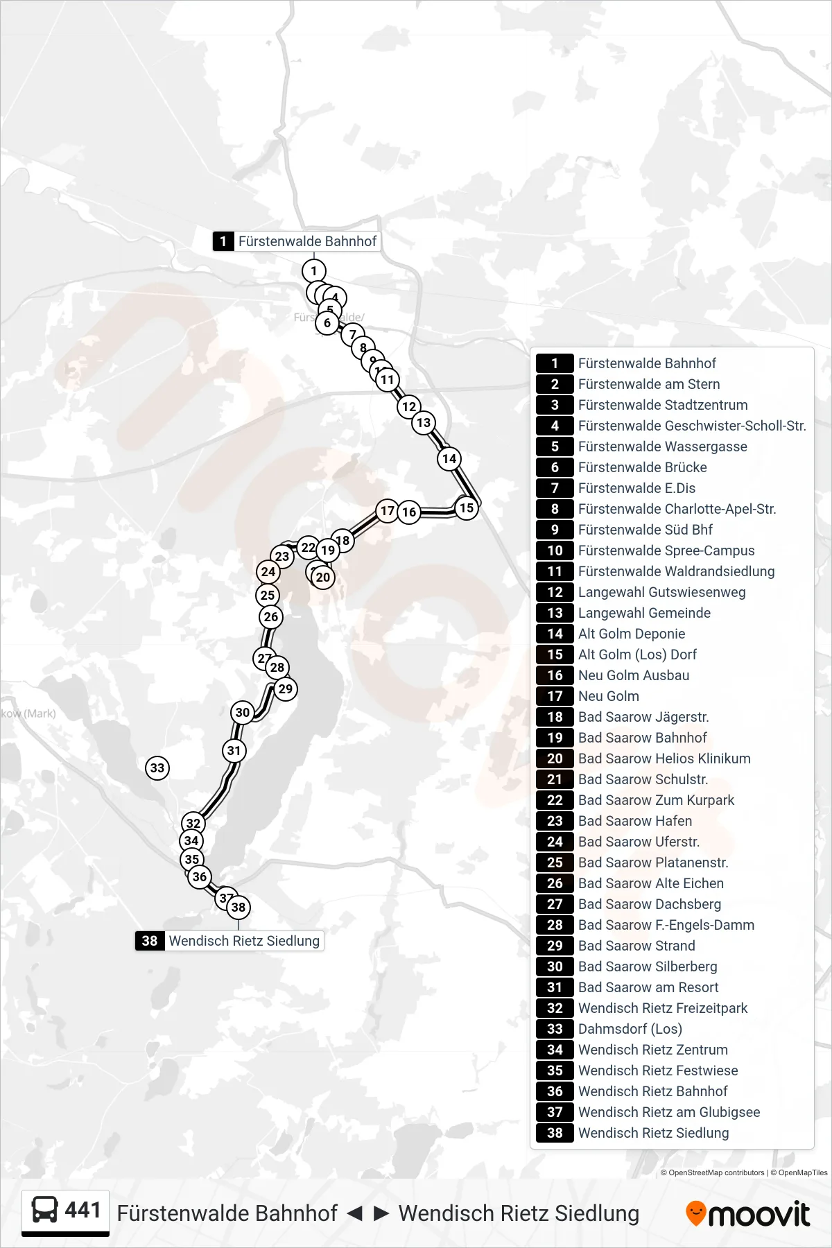 441 bus Line (Wendisch Rietz Siedlung) route and stops on a map
