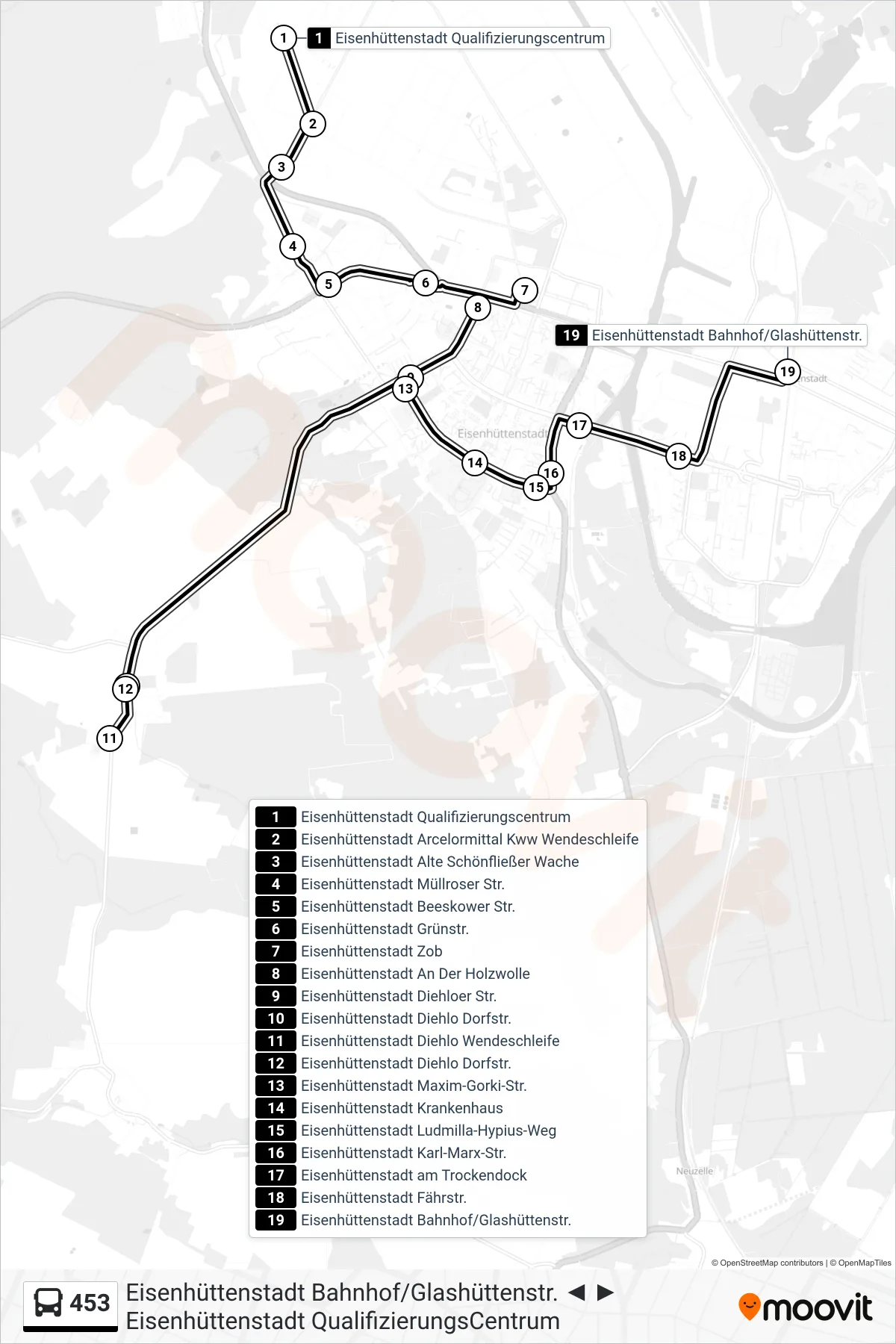 Linie 453 (Bus) Richtung Eisenhüttenstadt Bahnhof/Glashüttenstr.: Route und Haltestellen auf der Karte