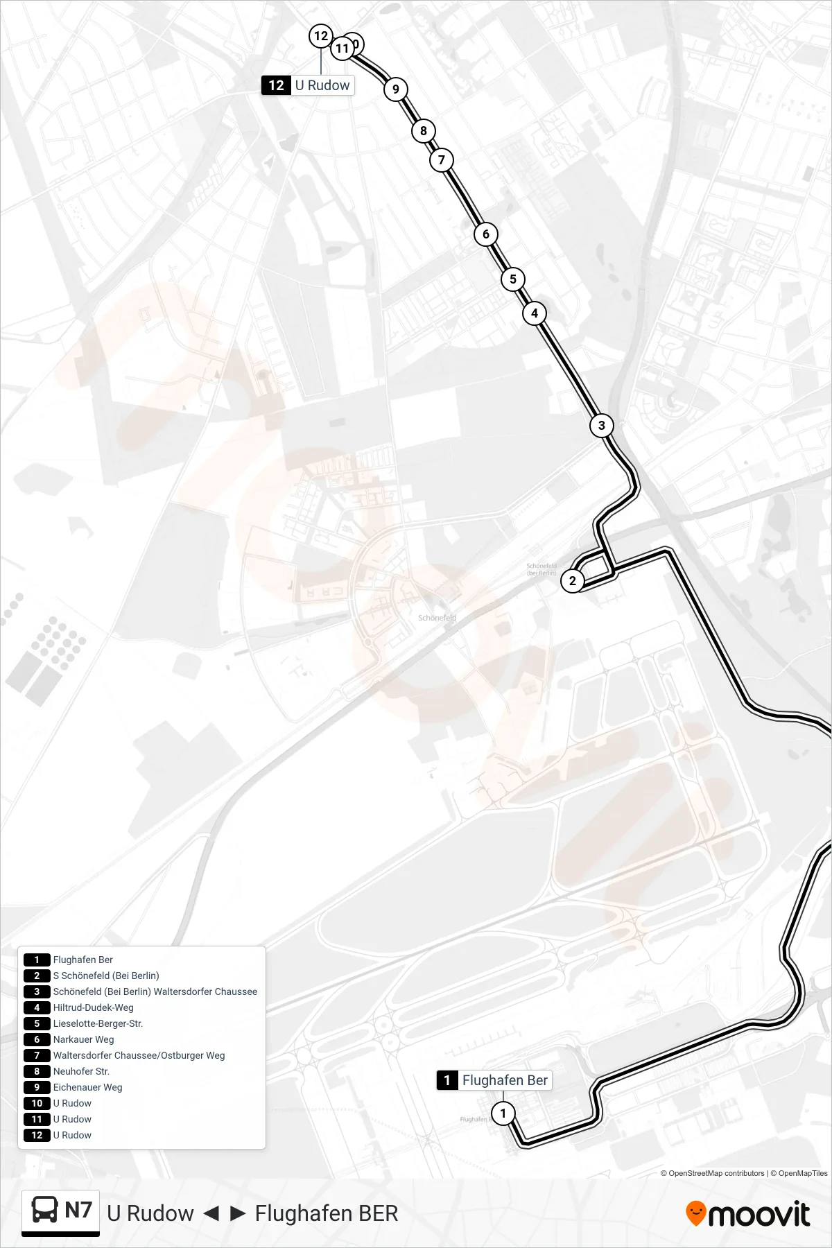 N7 bus Line (U Rudow) route and stops on a map