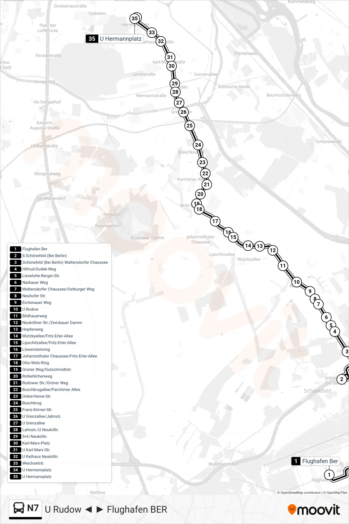Linie N7 (Bus) Richtung U Hermannplatz: Route und Haltestellen auf der Karte