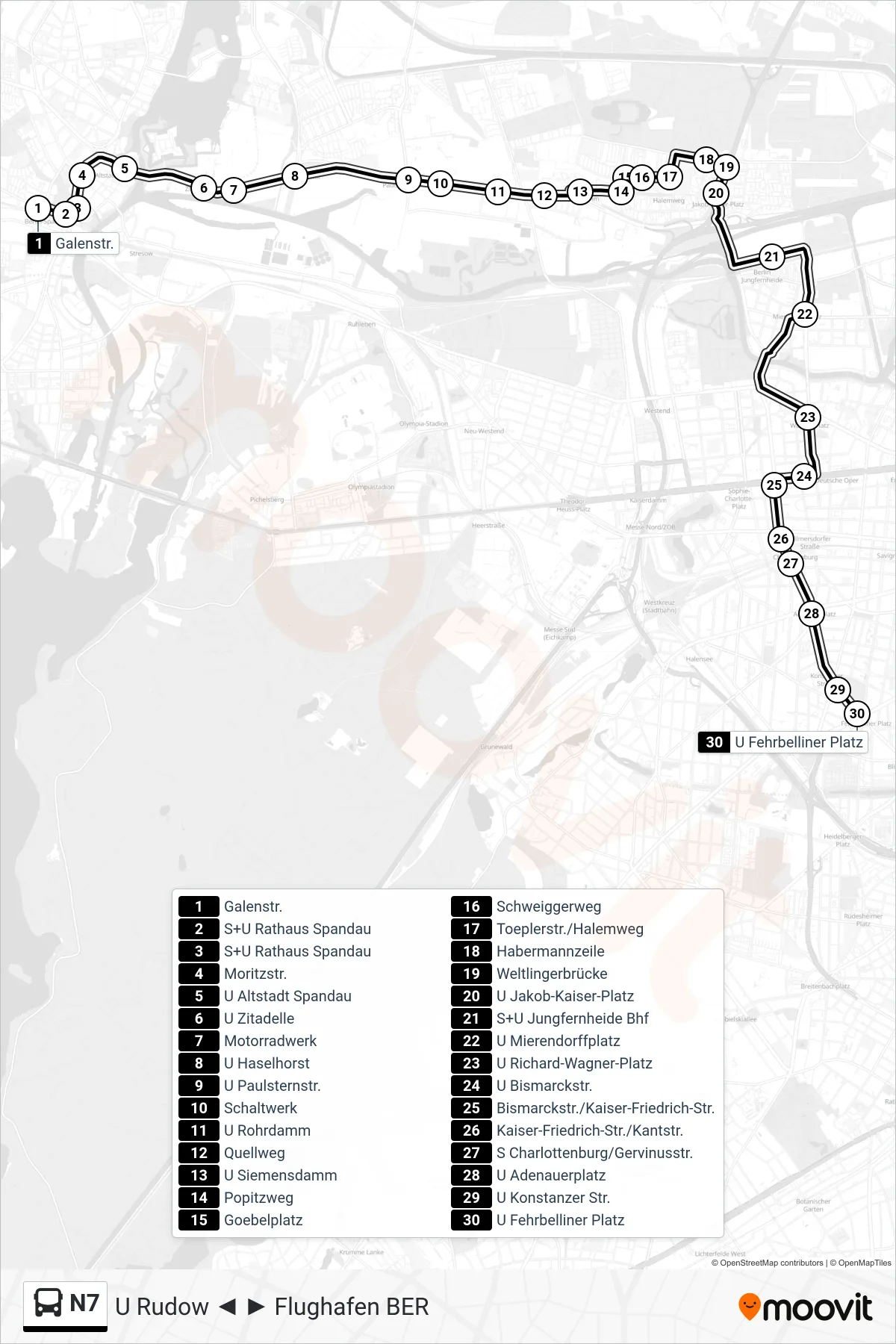 N7 bus Line (U Fehrbelliner Platz) route and stops on a map