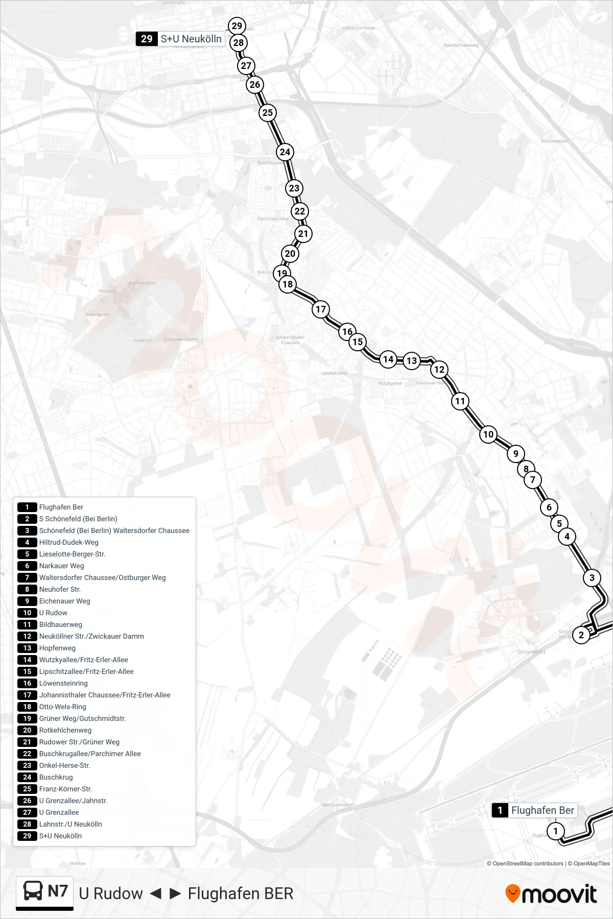 Linie N7 (Bus) Richtung S+U Neukölln: Route und Haltestellen auf der Karte