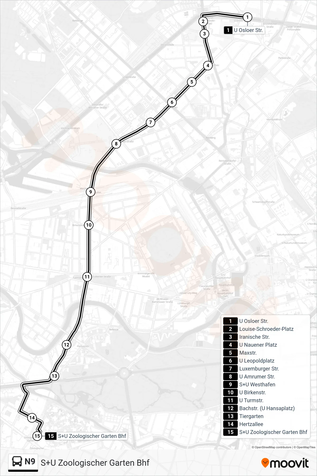 Linie N9 (Bus) Richtung S+U Zoologischer Garten Bhf: Route und Haltestellen auf der Karte