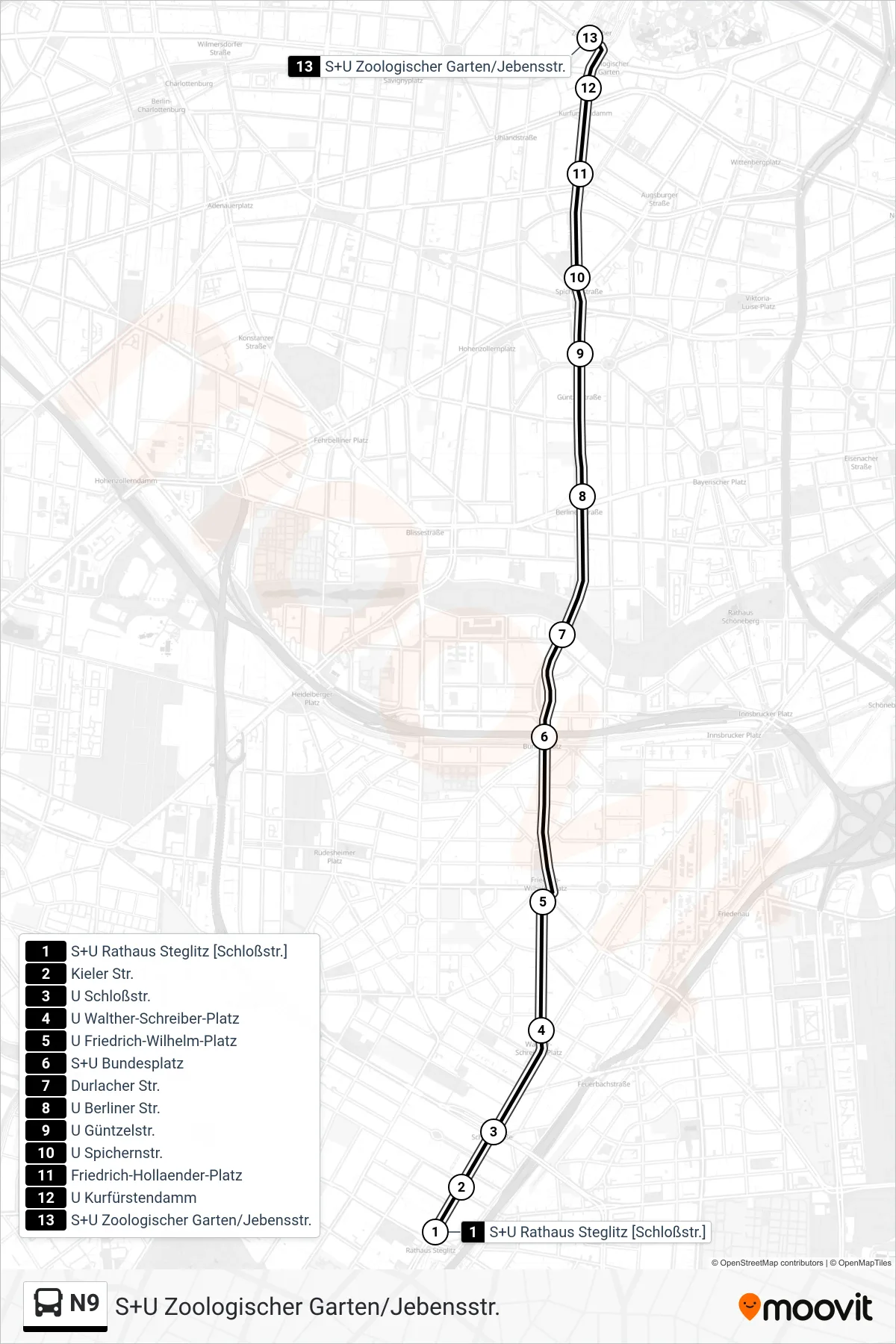 N9 bus Line (S+U Zoologischer Garten/Jebensstr.) route and stops on a map