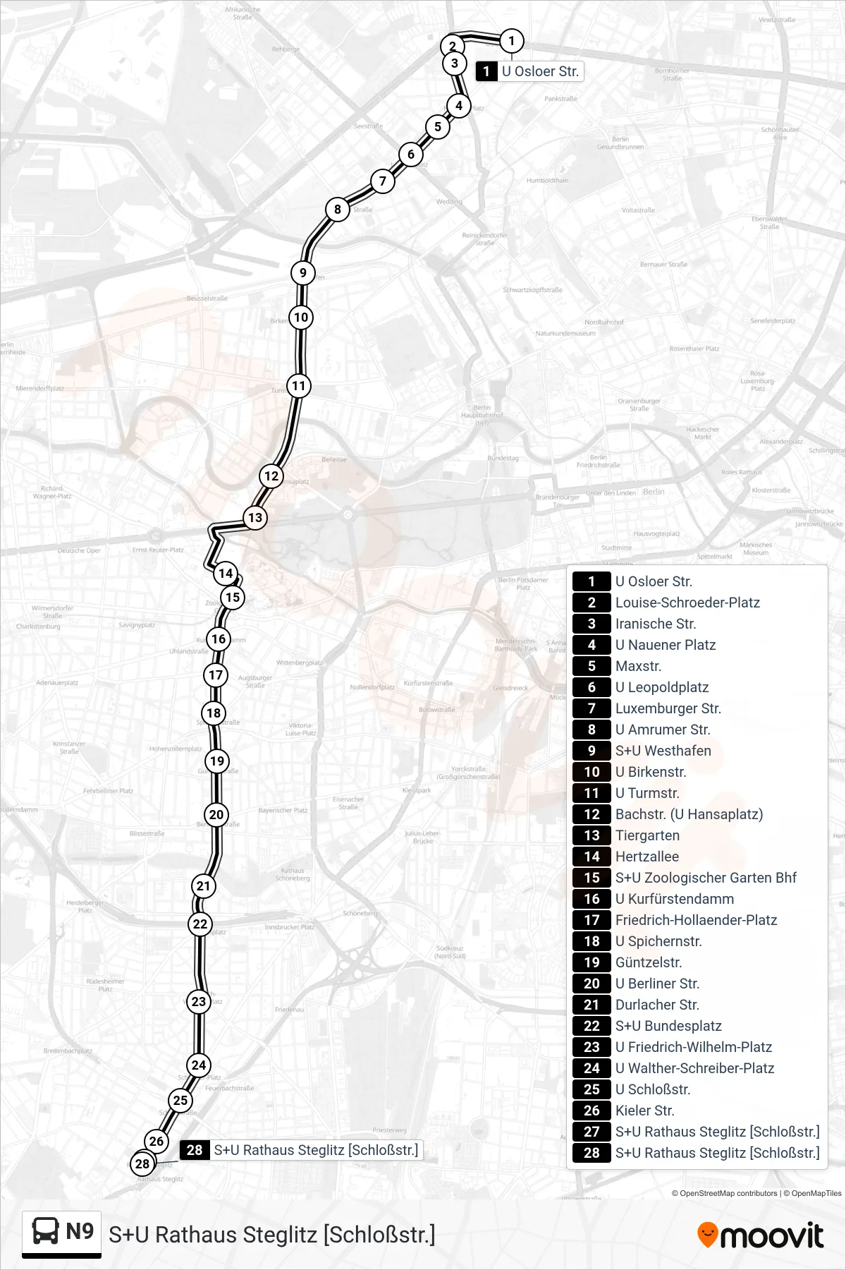 N9 bus Line (S+U Rathaus Steglitz [Schloßstr.]) route and stops on a map