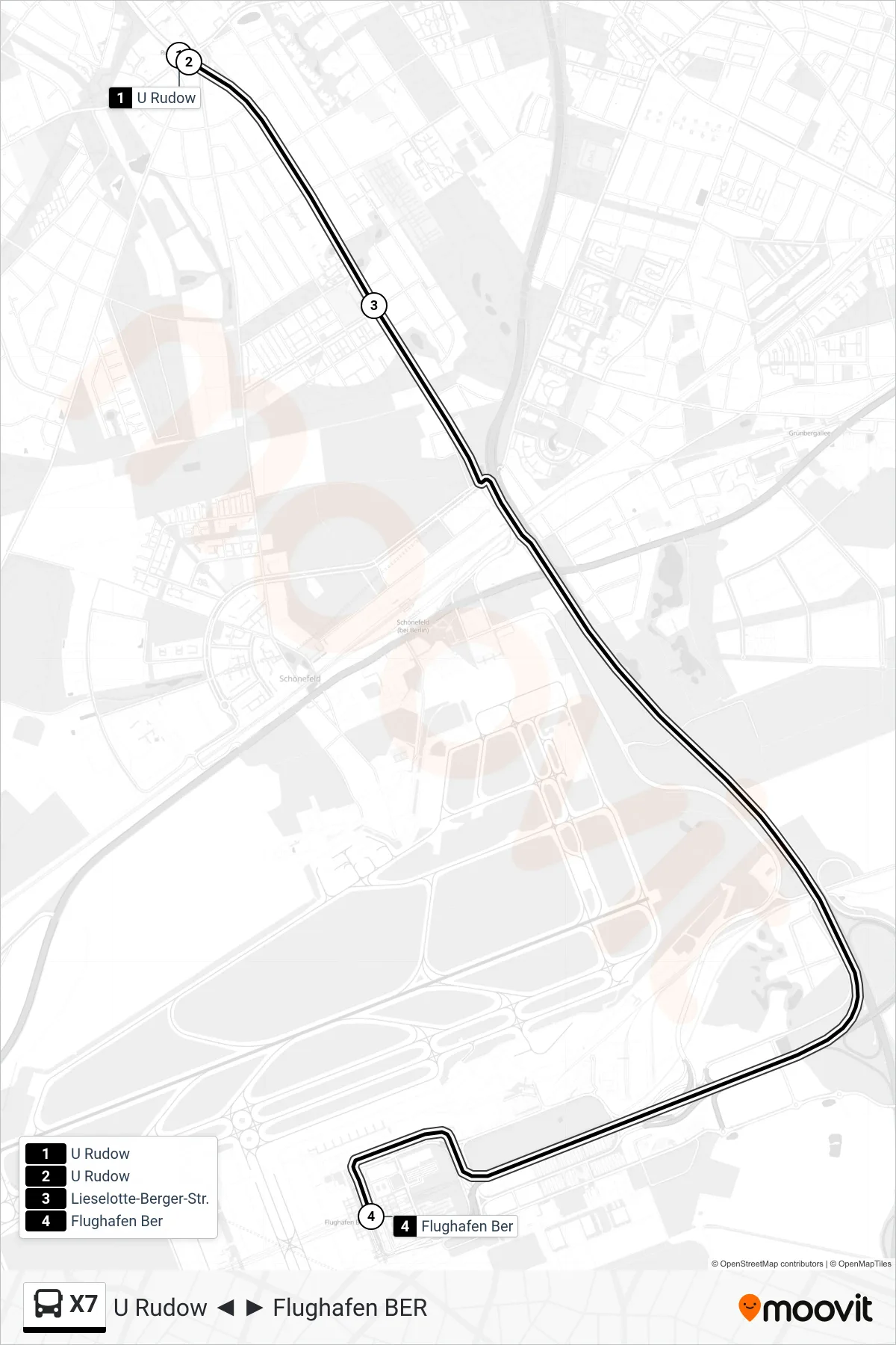 Linie X7 (Bus) Richtung Flughafen Schönefeld (Airport): Route und Haltestellen auf der Karte