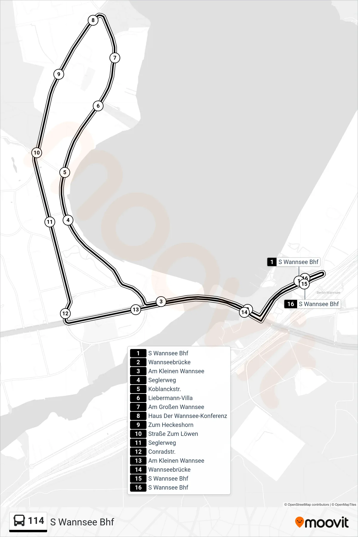 Linie 114 (Bus) Richtung S Wannsee Bhf: Route und Haltestellen auf der Karte