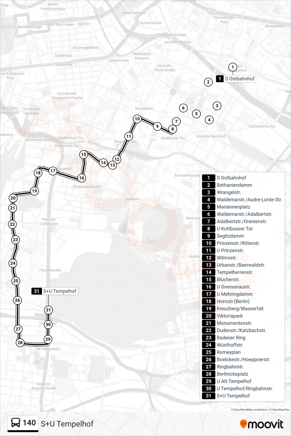 140 bus Line (S+U Tempelhof) route and stops on a map