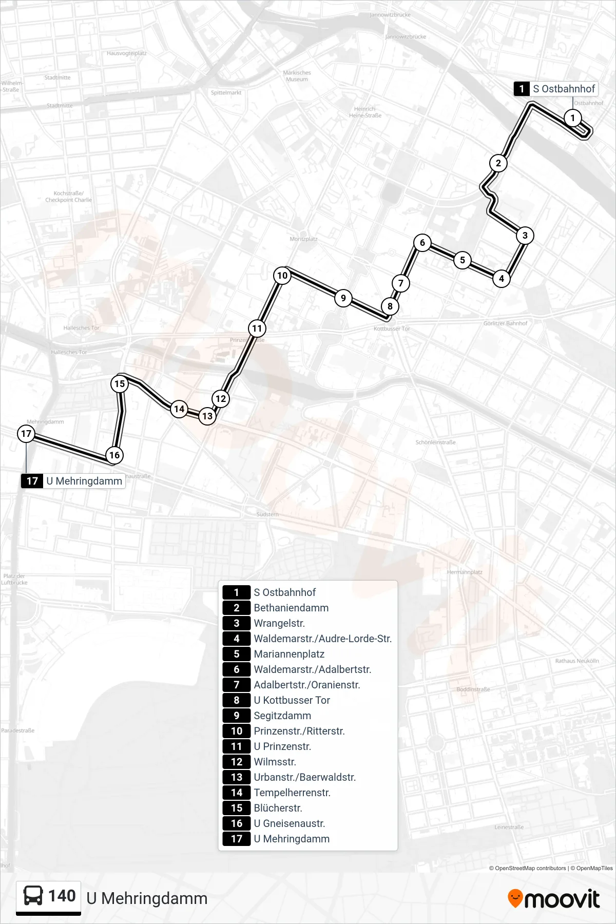 Linie 140 (Bus) Richtung U Mehringdamm: Route und Haltestellen auf der Karte