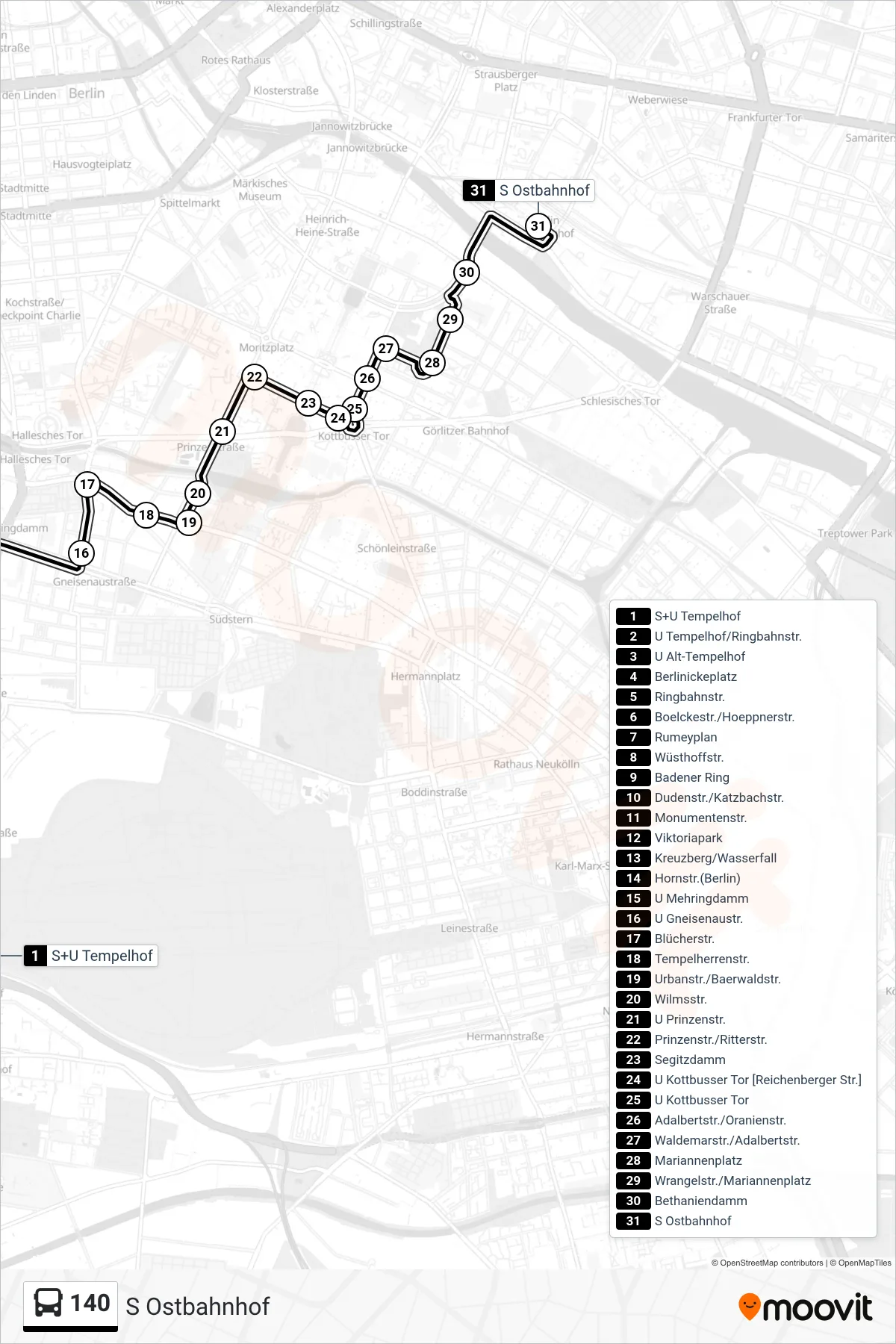 Linie 140 (Bus) Richtung S Ostbahnhof: Route und Haltestellen auf der Karte