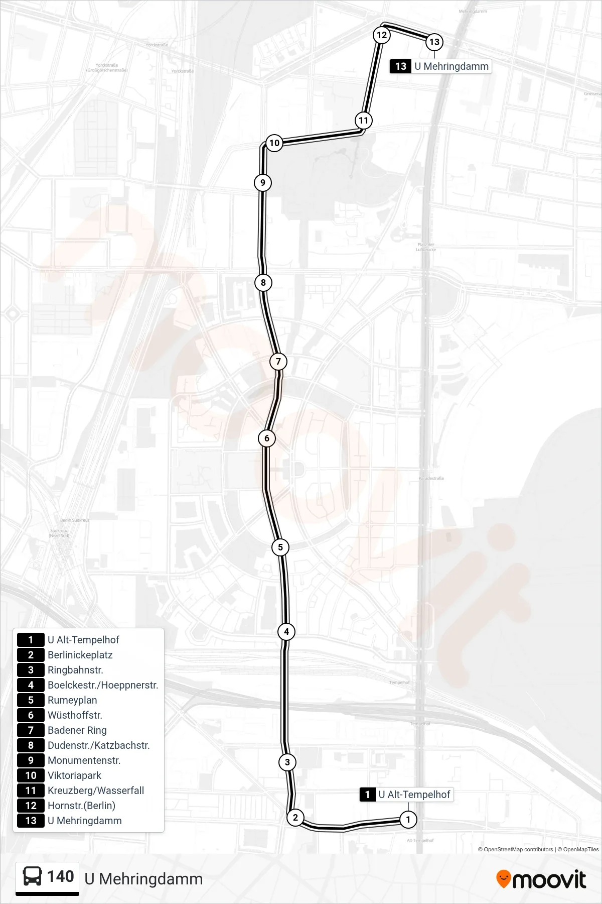 Linie 140 (Bus) Richtung U Mehringdamm: Route und Haltestellen auf der Karte