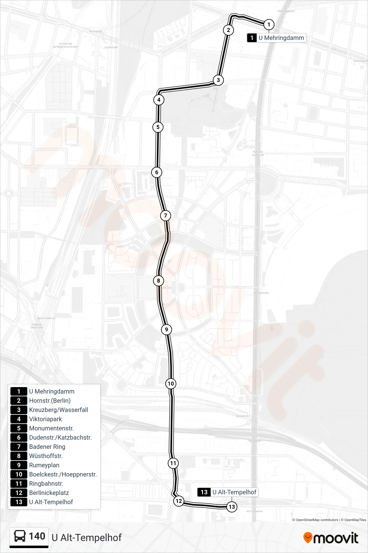 Linie 140 (Bus) Richtung U Alt-Tempelhof: Route und Haltestellen auf der Karte