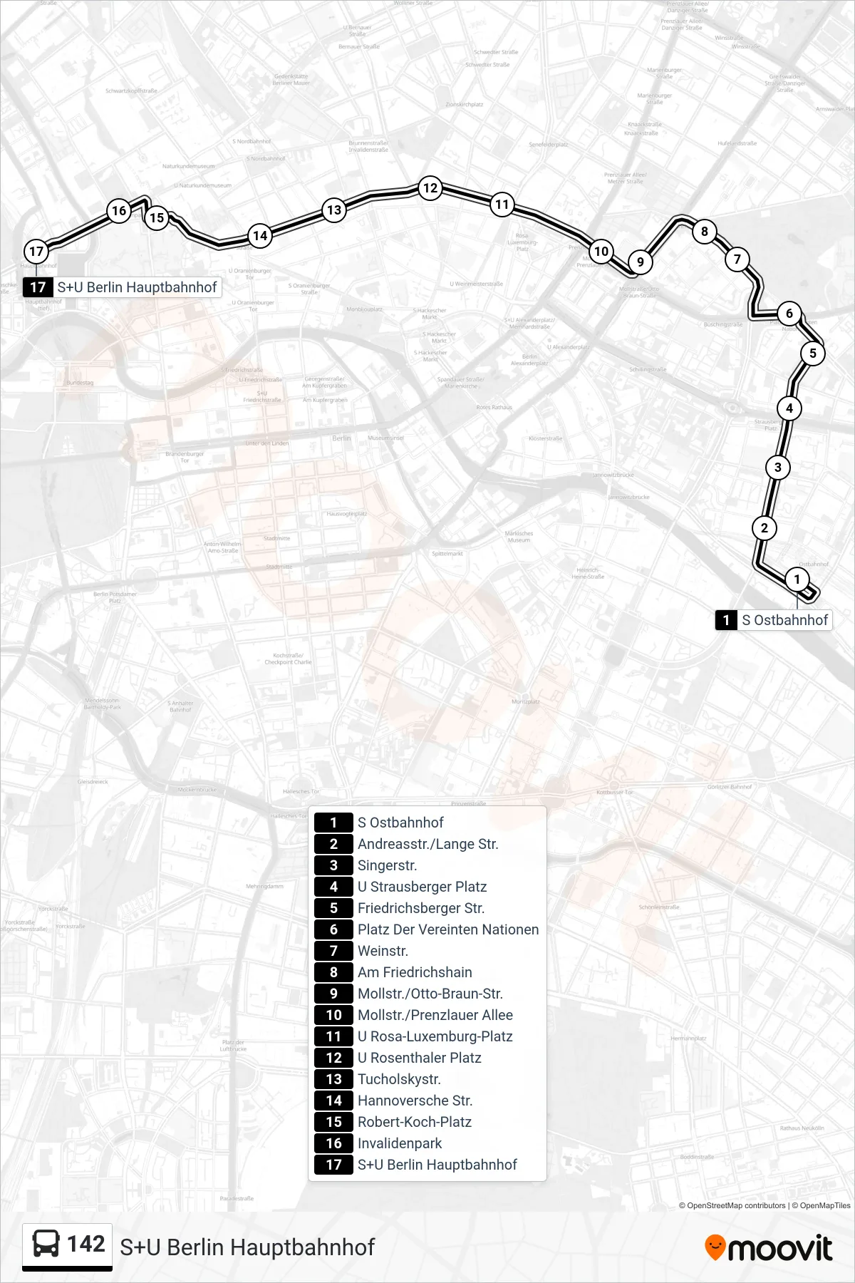 Linie 142 (Bus) Richtung S+U Berlin Hauptbahnhof: Route und Haltestellen auf der Karte