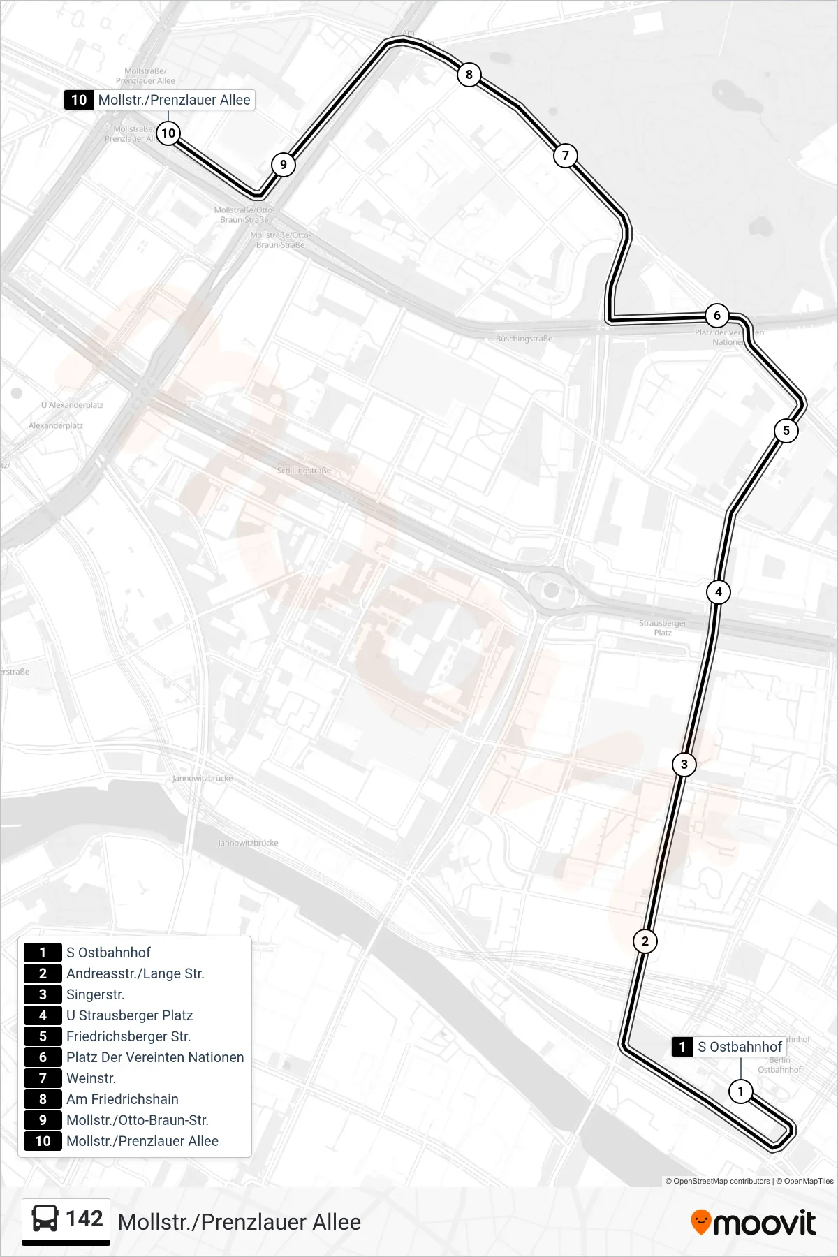 Linie 142 (Bus) Richtung Mollstr./Prenzlauer Allee: Route und Haltestellen auf der Karte