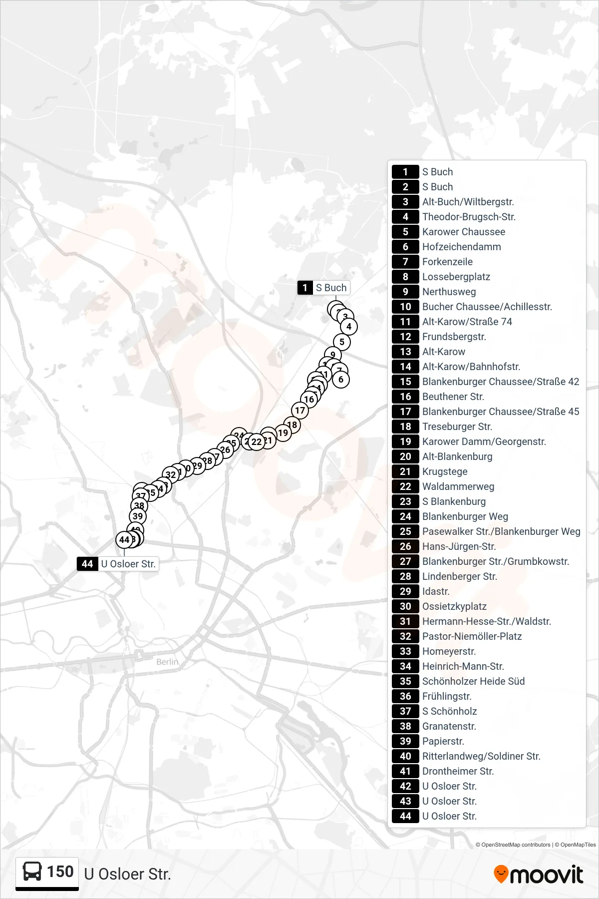 Linie 150 (Bus) Richtung U Osloer Str.: Route und Haltestellen auf der Karte