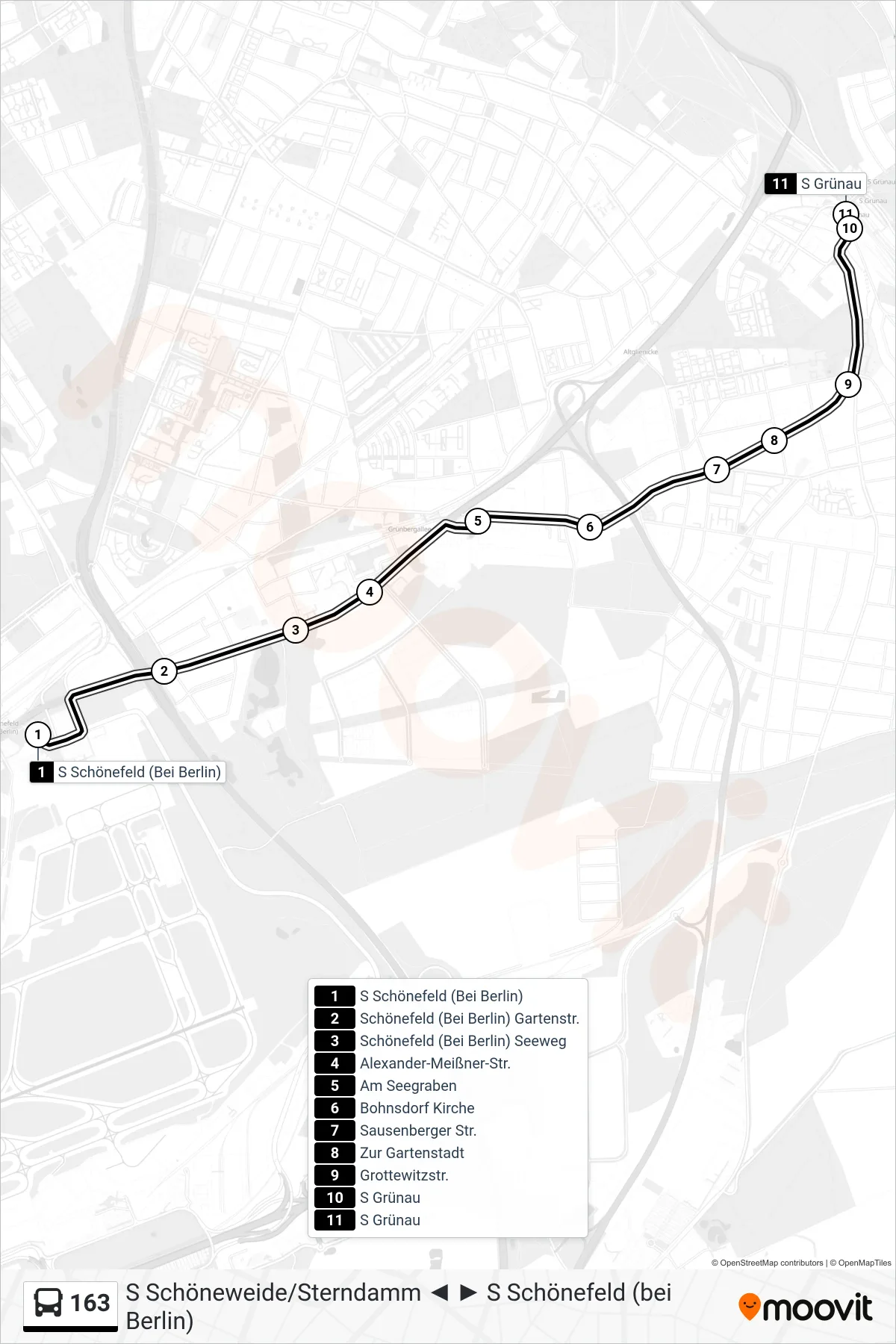 163 bus Line (S Grünau) route and stops on a map