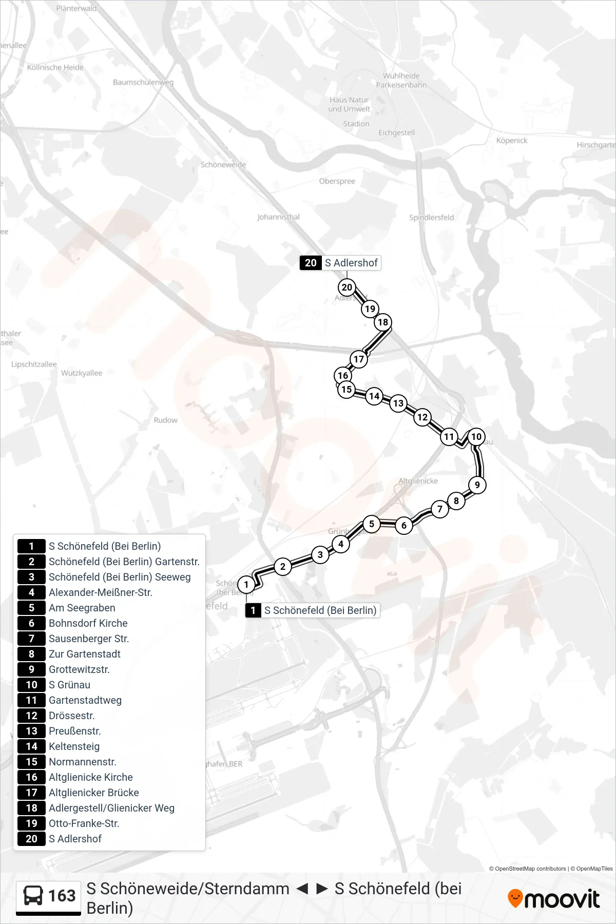 Linie 163 (Bus) Richtung S Adlershof: Route und Haltestellen auf der Karte